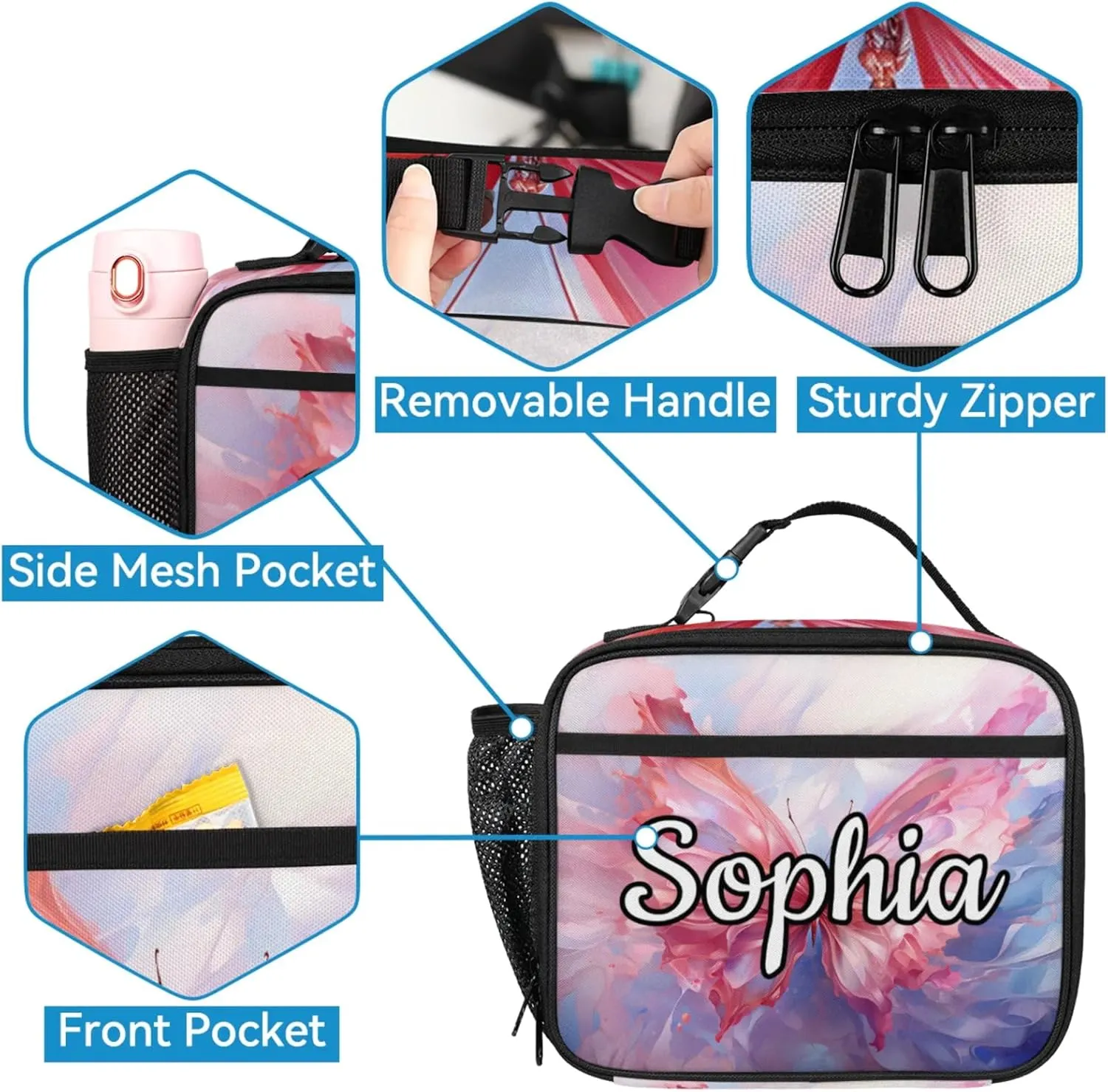 Custom Name Backpack with Lunch Box Set, Colorful Butterfly Personalized Backpacks and Lunch Bag Shoulder Bag Daypack, Customized Gifts with Watercolor Butterfly