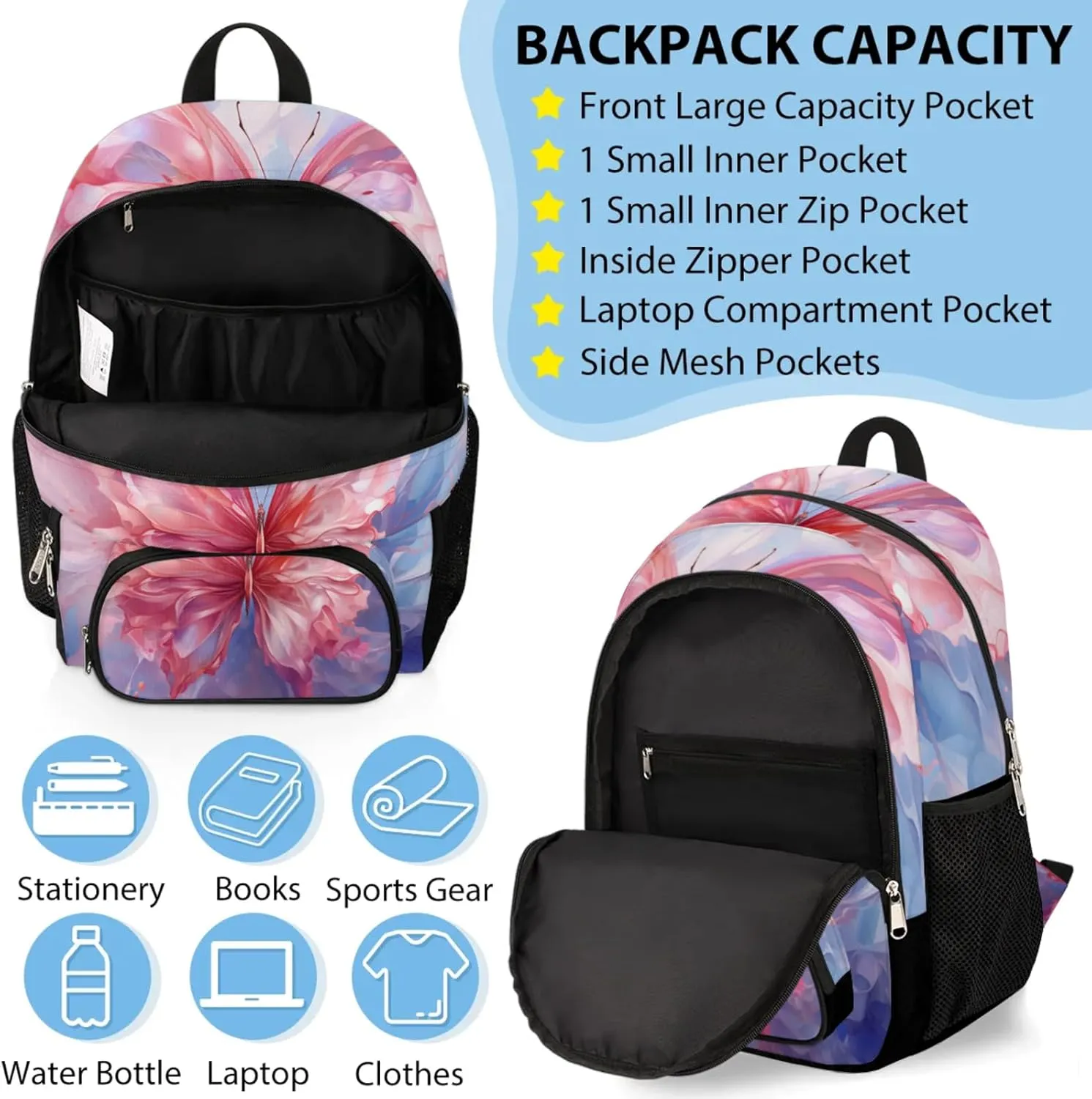 Custom Name Backpack with Lunch Box Set, Colorful Butterfly Personalized Backpacks and Lunch Bag Shoulder Bag Daypack, Customized Gifts with Watercolor Butterfly
