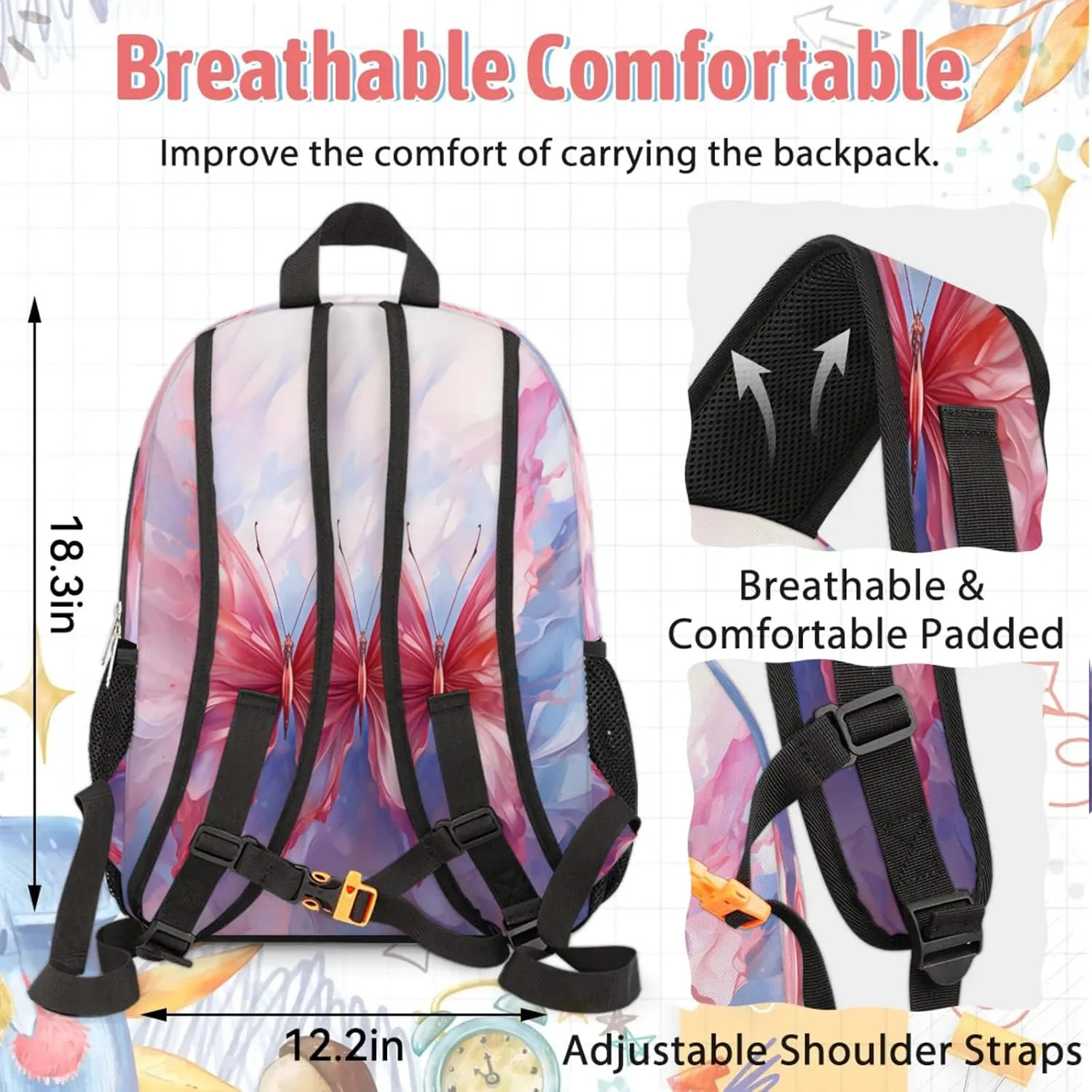 Custom Name Backpack with Lunch Box Set, Colorful Butterfly Personalized Backpacks and Lunch Bag Shoulder Bag Daypack, Customized Gifts with Watercolor Butterfly