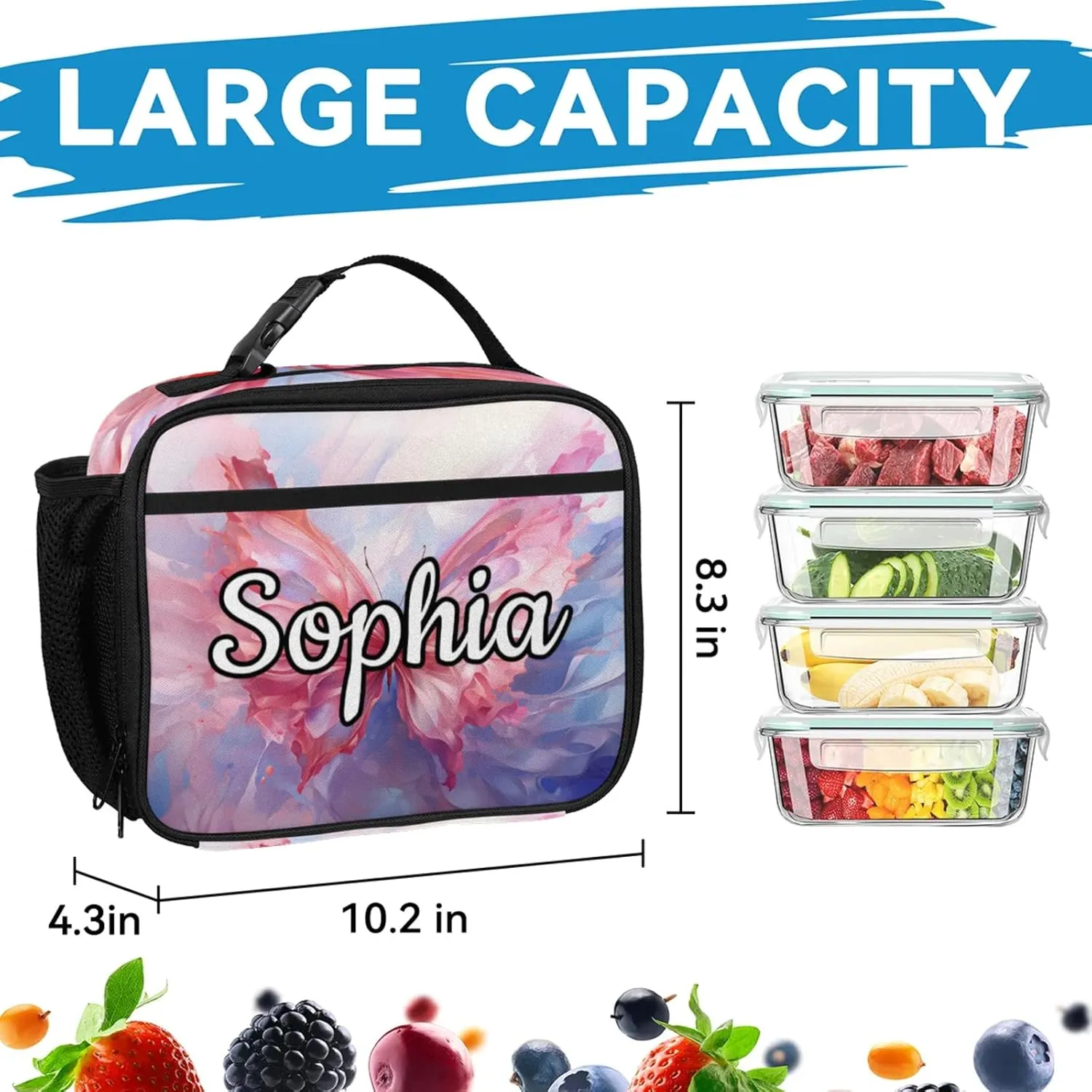 Custom Name Backpack with Lunch Box Set, Colorful Butterfly Personalized Backpacks and Lunch Bag Shoulder Bag Daypack, Customized Gifts with Watercolor Butterfly