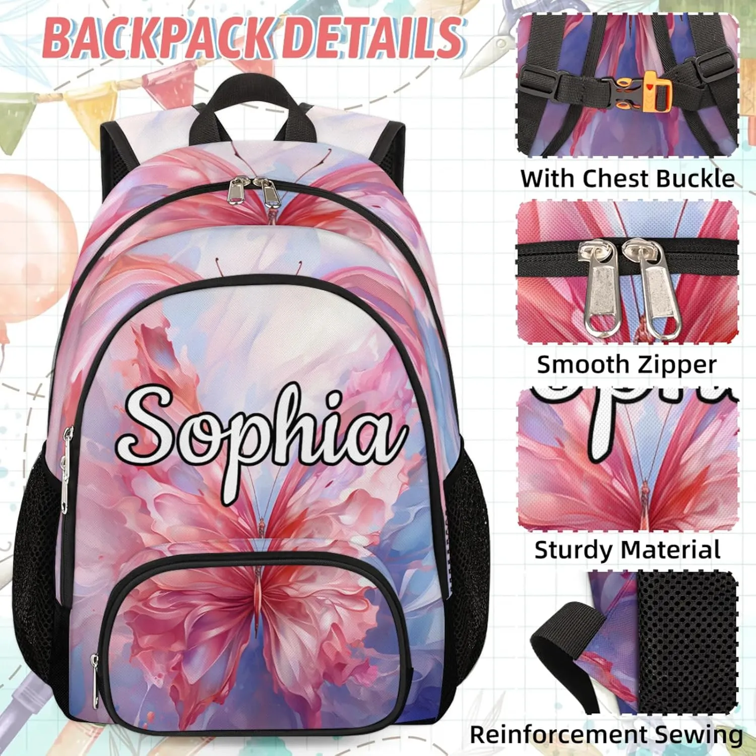 Custom Name Backpack with Lunch Box Set, Colorful Butterfly Personalized Backpacks and Lunch Bag Shoulder Bag Daypack, Customized Gifts with Watercolor Butterfly