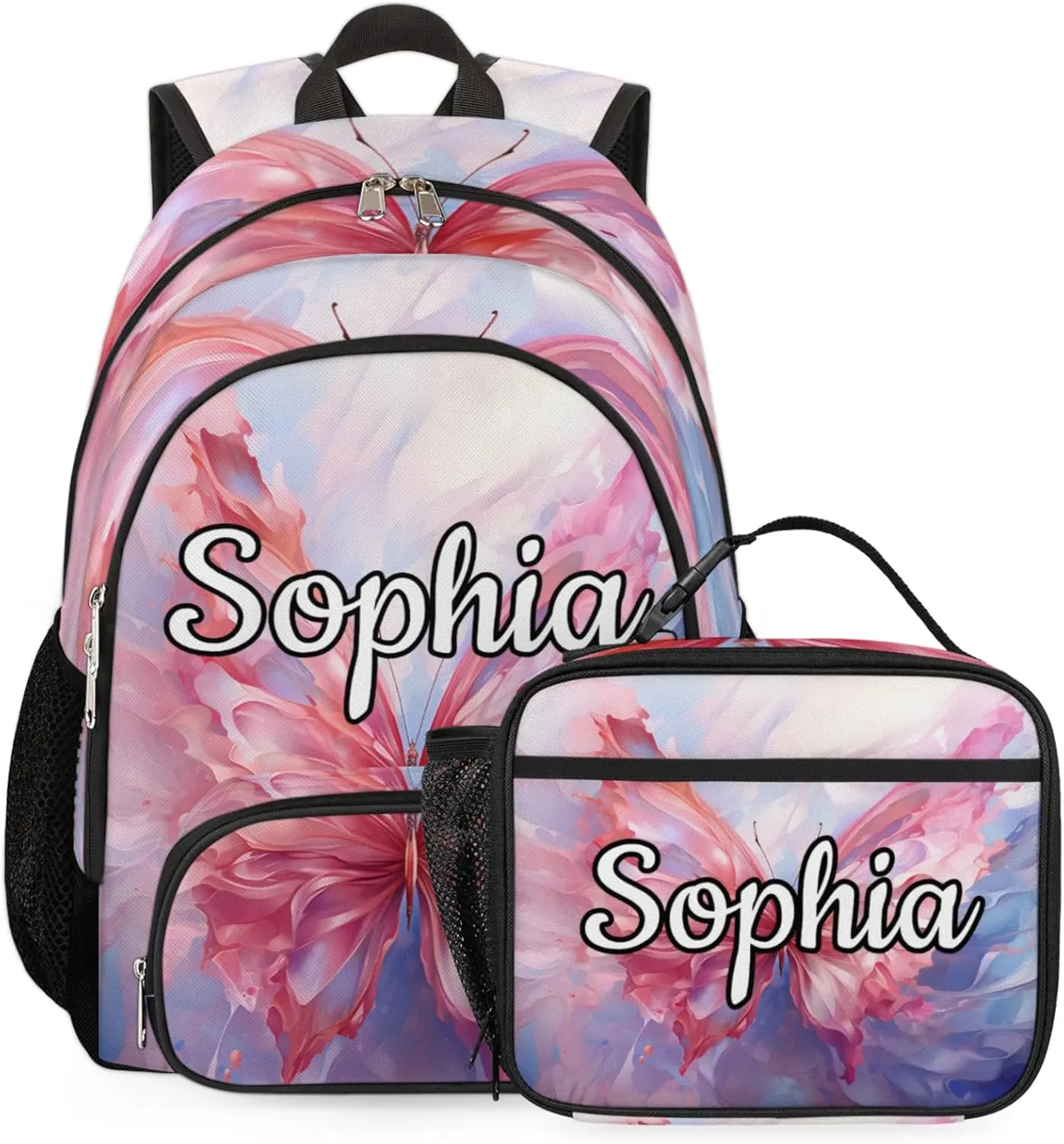 Custom Name Backpack with Lunch Box Set, Colorful Butterfly Personalized Backpacks and Lunch Bag Shoulder Bag Daypack, Customized Gifts with Watercolor Butterfly