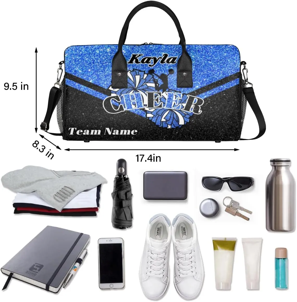 Custom Name Cheerleader Bag Personalized Gym Bag Sport Duffel Bags Customized Cheerleading Bag Overnight Bag, Dark Blue Glitter