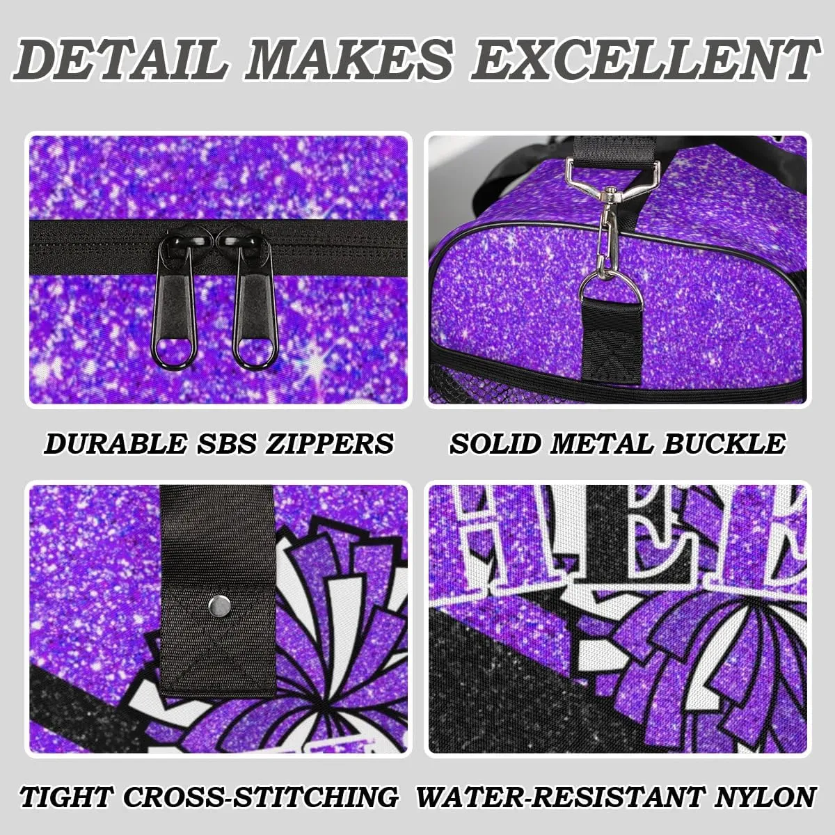 Custom Name Cheerleader Bag Personalized Gym Bag Sport Duffel Bags Customized Cheerleading Bag Overnight Bag, Dark Purple Glitter