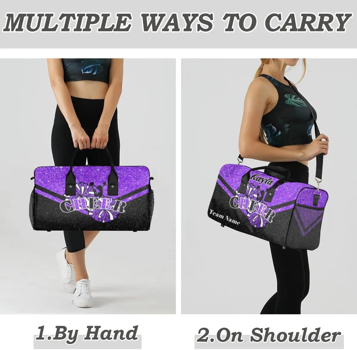 Custom Name Cheerleader Bag Personalized Gym Bag Sport Duffel Bags Customized Cheerleading Bag Overnight Bag, Dark Purple Glitter