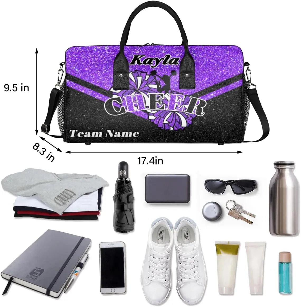 Custom Name Cheerleader Bag Personalized Gym Bag Sport Duffel Bags Customized Cheerleading Bag Overnight Bag, Dark Purple Glitter