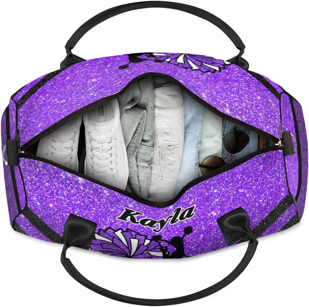 Custom Name Cheerleader Bag Personalized Gym Bag Sport Duffel Bags Customized Cheerleading Bag Overnight Bag, Dark Purple Glitter