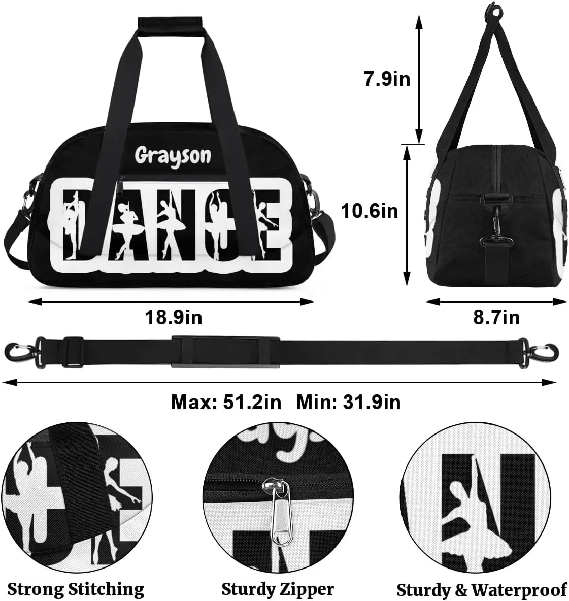 Custom Name Dance Gym Bag Personalized Ballet Sport Duffel Bag Training Bag Carry On Overnight Weekender Travel Tote Bags, Black