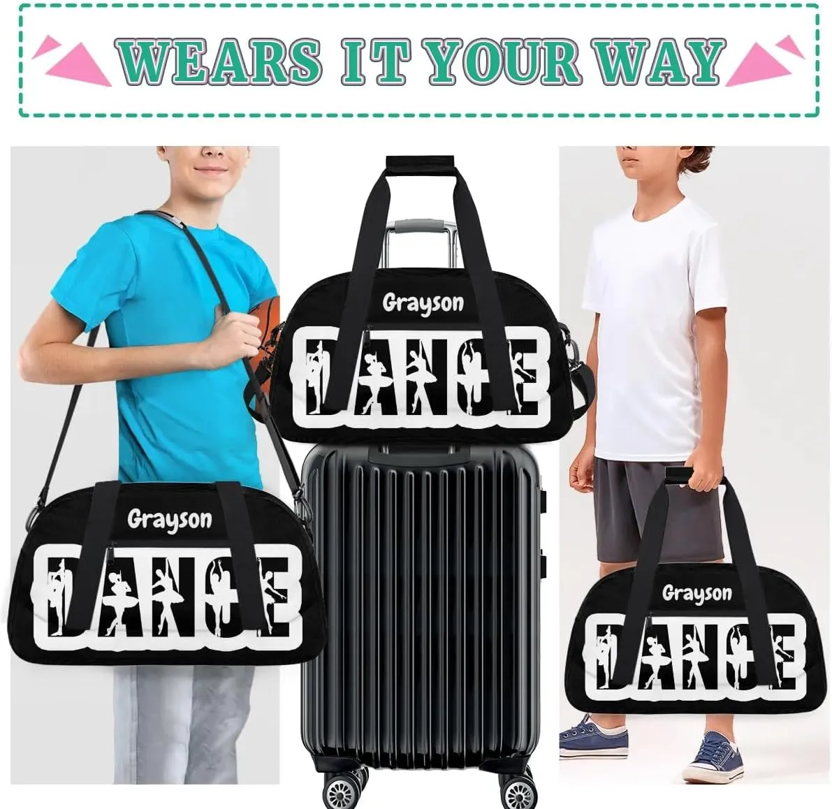 Custom Name Dance Gym Bag Personalized Ballet Sport Duffel Bag Training Bag Carry On Overnight Weekender Travel Tote Bags, Black