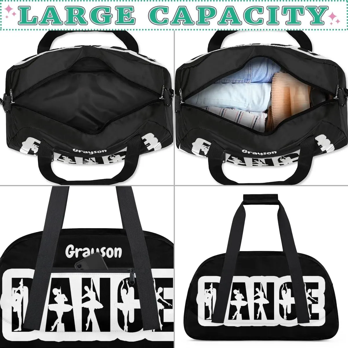 Custom Name Dance Gym Bag Personalized Ballet Sport Duffel Bag Training Bag Carry On Overnight Weekender Travel Tote Bags, Black