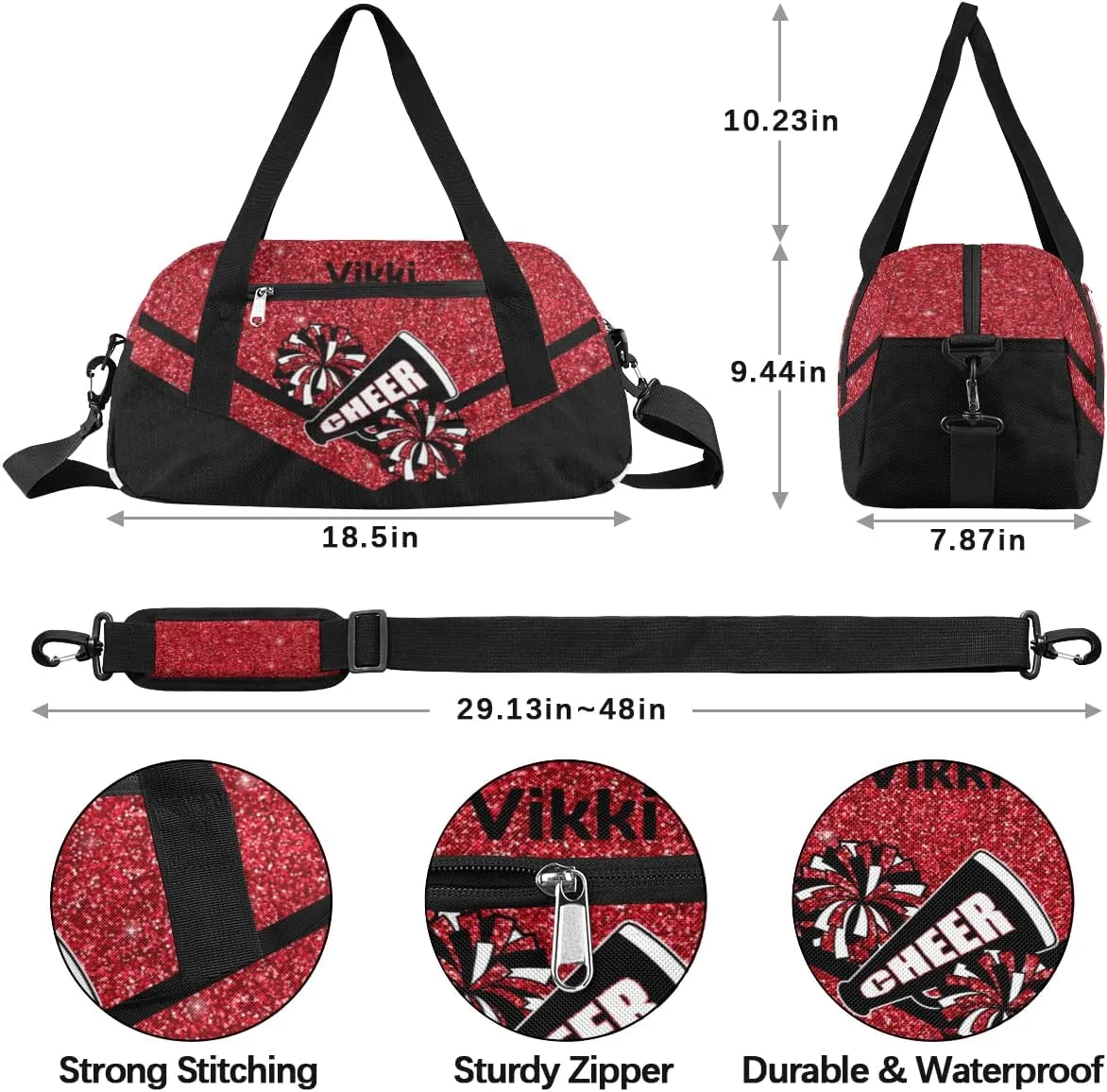 Custom Name Kids Duffel Bags for Girls Personalized Dance Gym Bag Customized Overnight Duffel Bag for Weekender Red Glitter Cheer