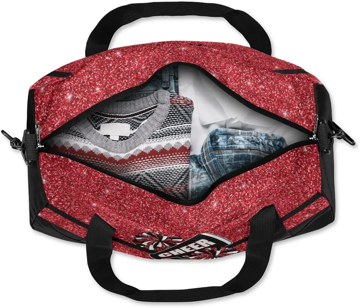 Custom Name Kids Duffel Bags for Girls Personalized Dance Gym Bag Customized Overnight Duffel Bag for Weekender Red Glitter Cheer