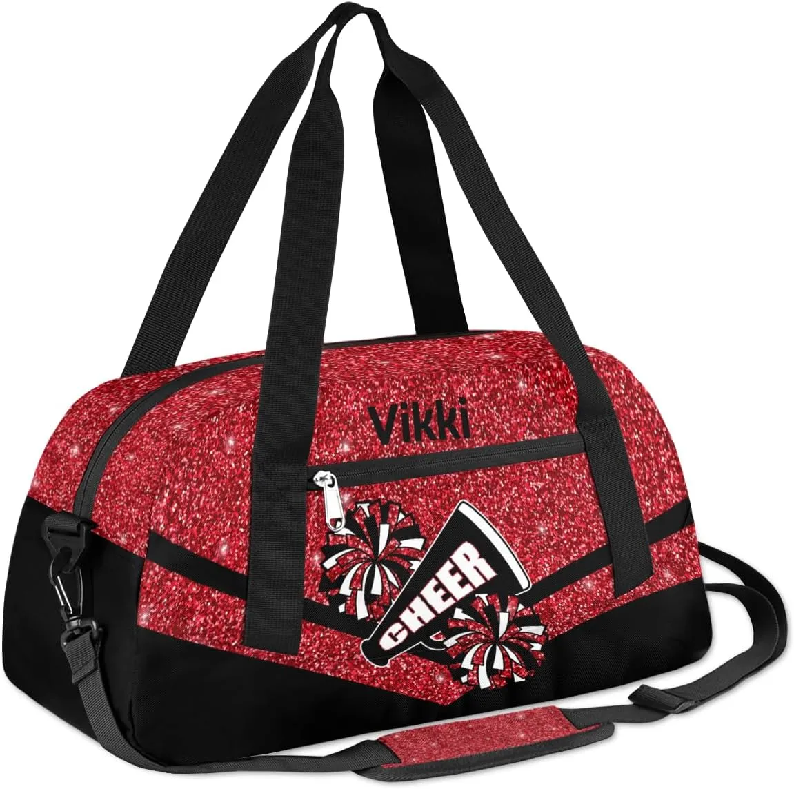 Custom Name Kids Duffel Bags for Girls Personalized Dance Gym Bag Customized Overnight Duffel Bag for Weekender Red Glitter Cheer