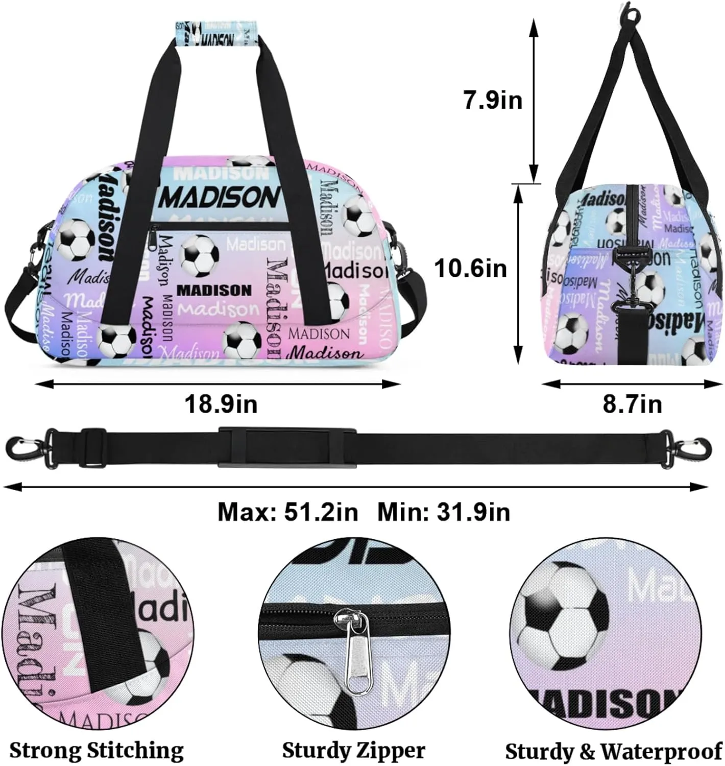 Custom Soccer Gym Bag Duffel Bag for Women Men, Personalized Name Travel Sport Bags Customized Footballs Bag, Cut Glitter Pattern