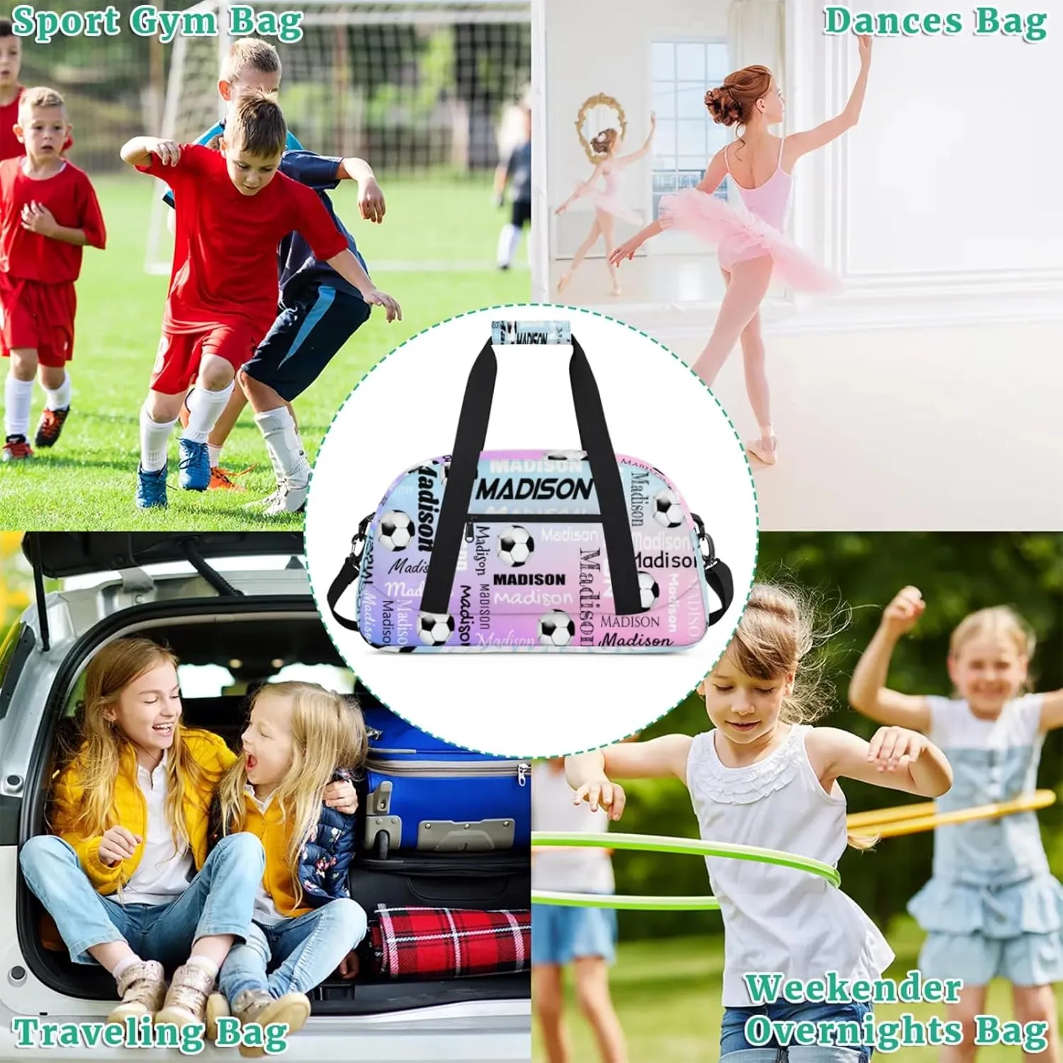 Custom Soccer Gym Bag Duffel Bag for Women Men, Personalized Name Travel Sport Bags Customized Footballs Bag, Cut Glitter Pattern