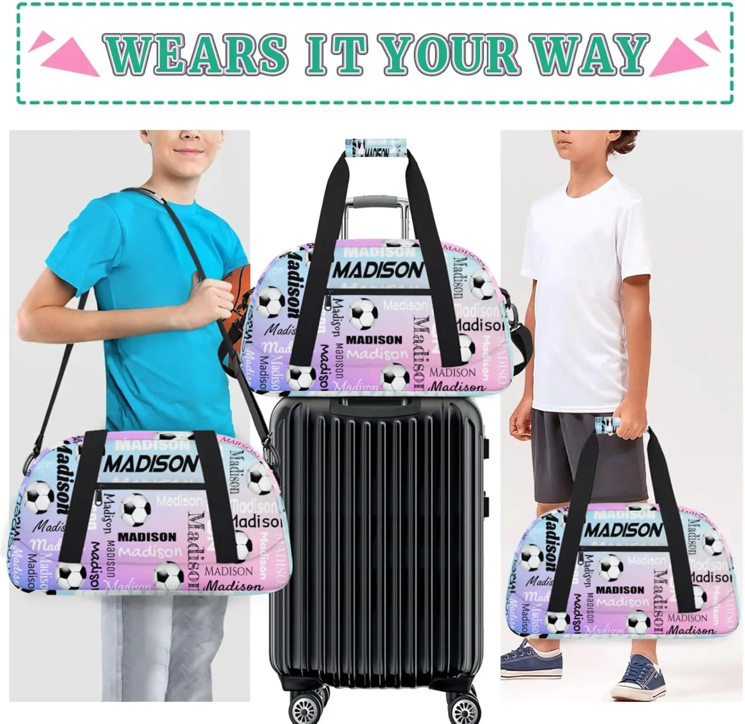 Custom Soccer Gym Bag Duffel Bag for Women Men, Personalized Name Travel Sport Bags Customized Footballs Bag, Cut Glitter Pattern