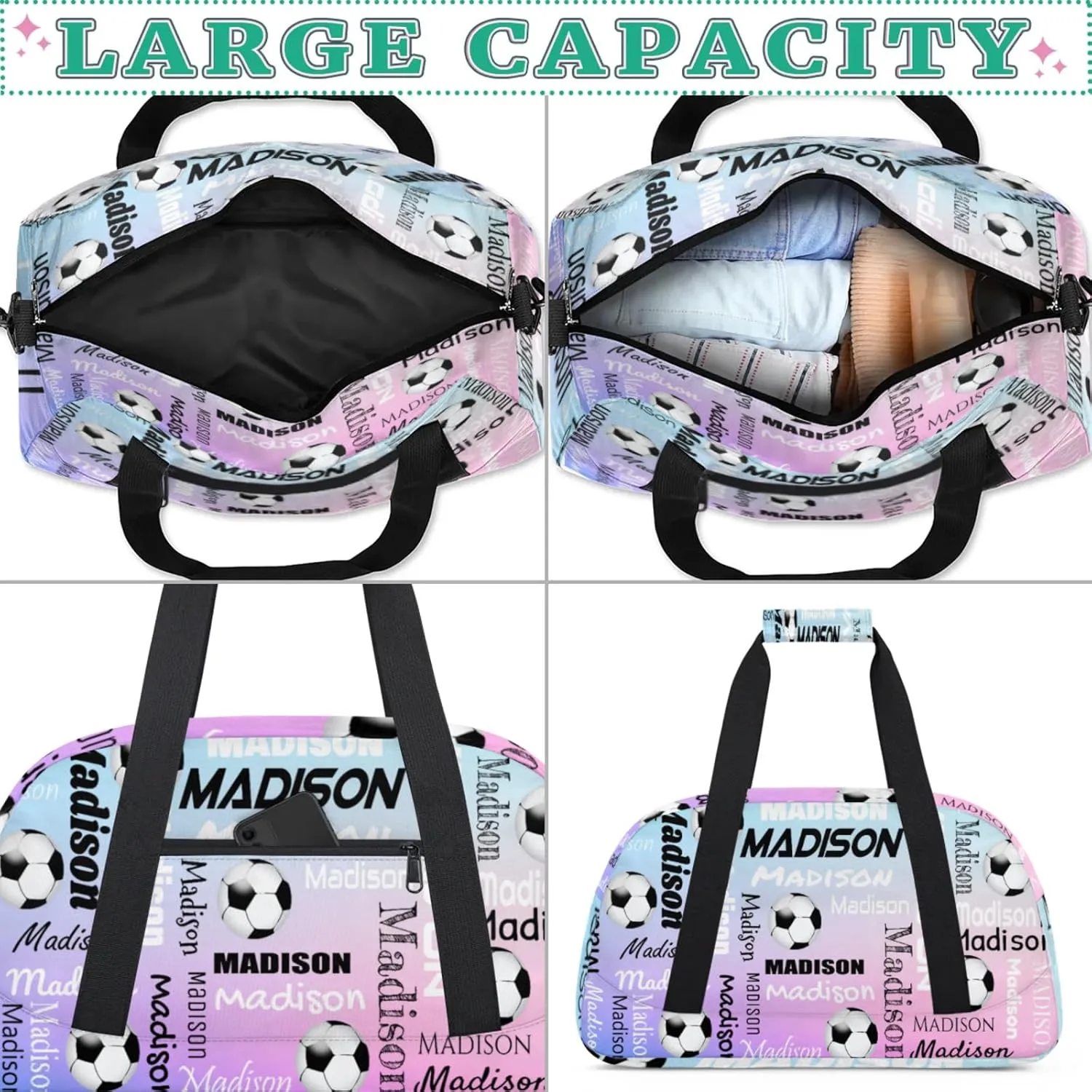 Custom Soccer Gym Bag Duffel Bag for Women Men, Personalized Name Travel Sport Bags Customized Footballs Bag, Cut Glitter Pattern