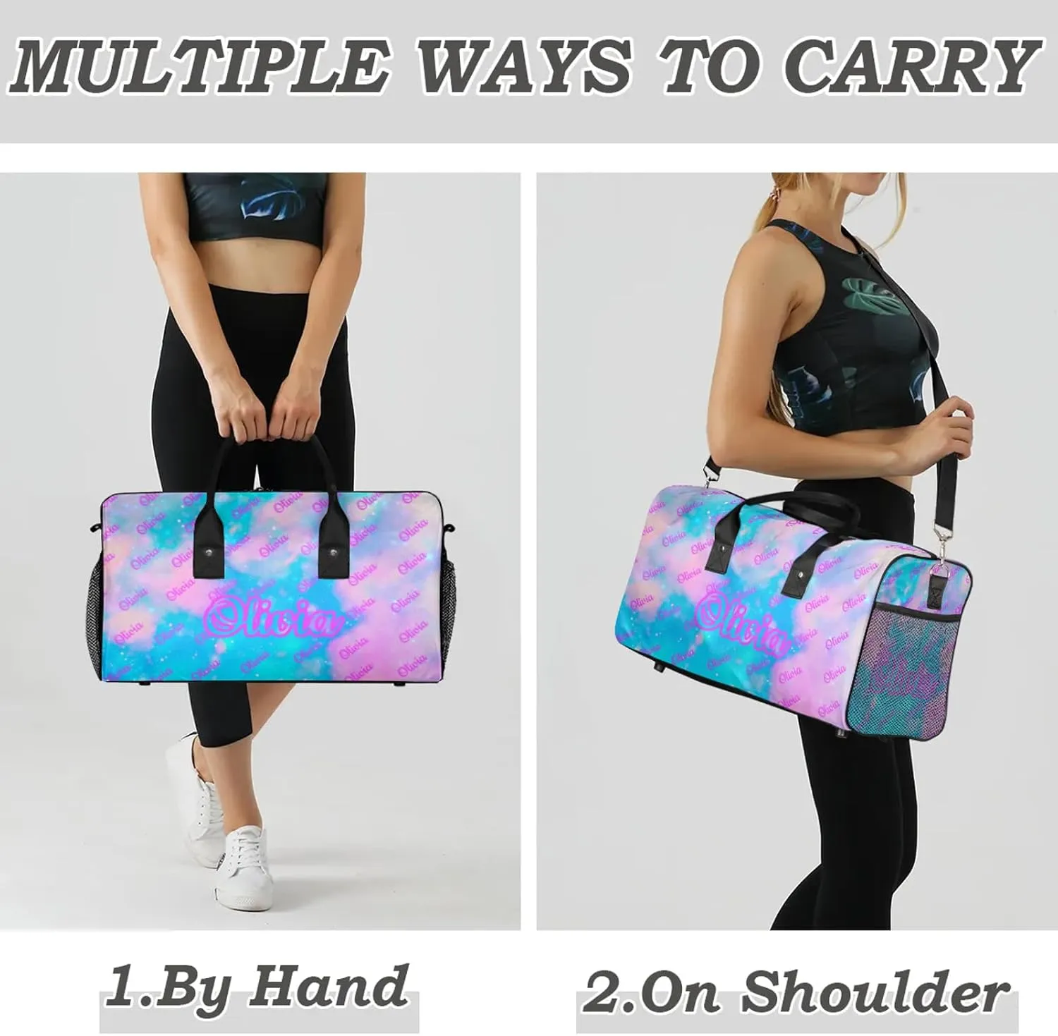 Custom Sport Duffel Bags Personalized Travel Overnight Bag Waterproof Customized Dance Bag Lightweight Carry-On Tote for Women Men 17.4in, Blue Pink Glitter