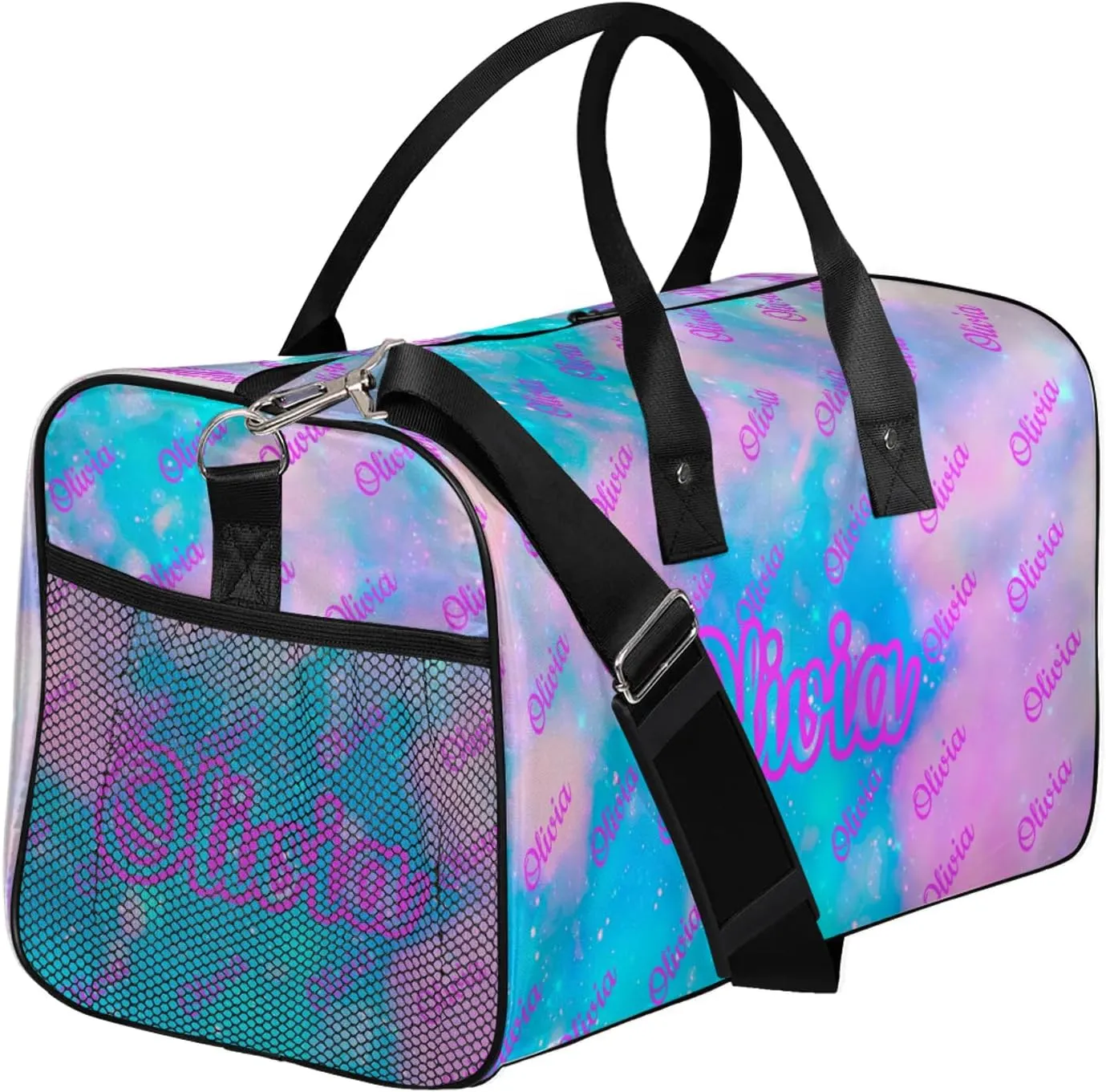 Custom Sport Duffel Bags Personalized Travel Overnight Bag Waterproof Customized Dance Bag Lightweight Carry-On Tote for Women Men 17.4in, Blue Pink Glitter