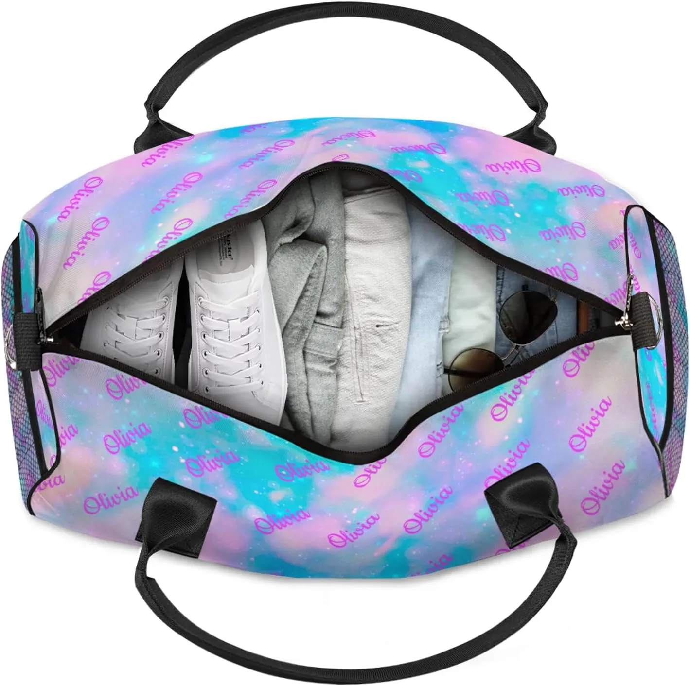 Custom Sport Duffel Bags Personalized Travel Overnight Bag Waterproof Customized Dance Bag Lightweight Carry-On Tote for Women Men 17.4in, Blue Pink Glitter