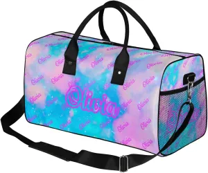 Custom Sport Duffel Bags Personalized Travel Overnight Bag Waterproof Customized Dance Bag Lightweight Carry-On Tote for Women Men 17.4in, Blue Pink Glitter