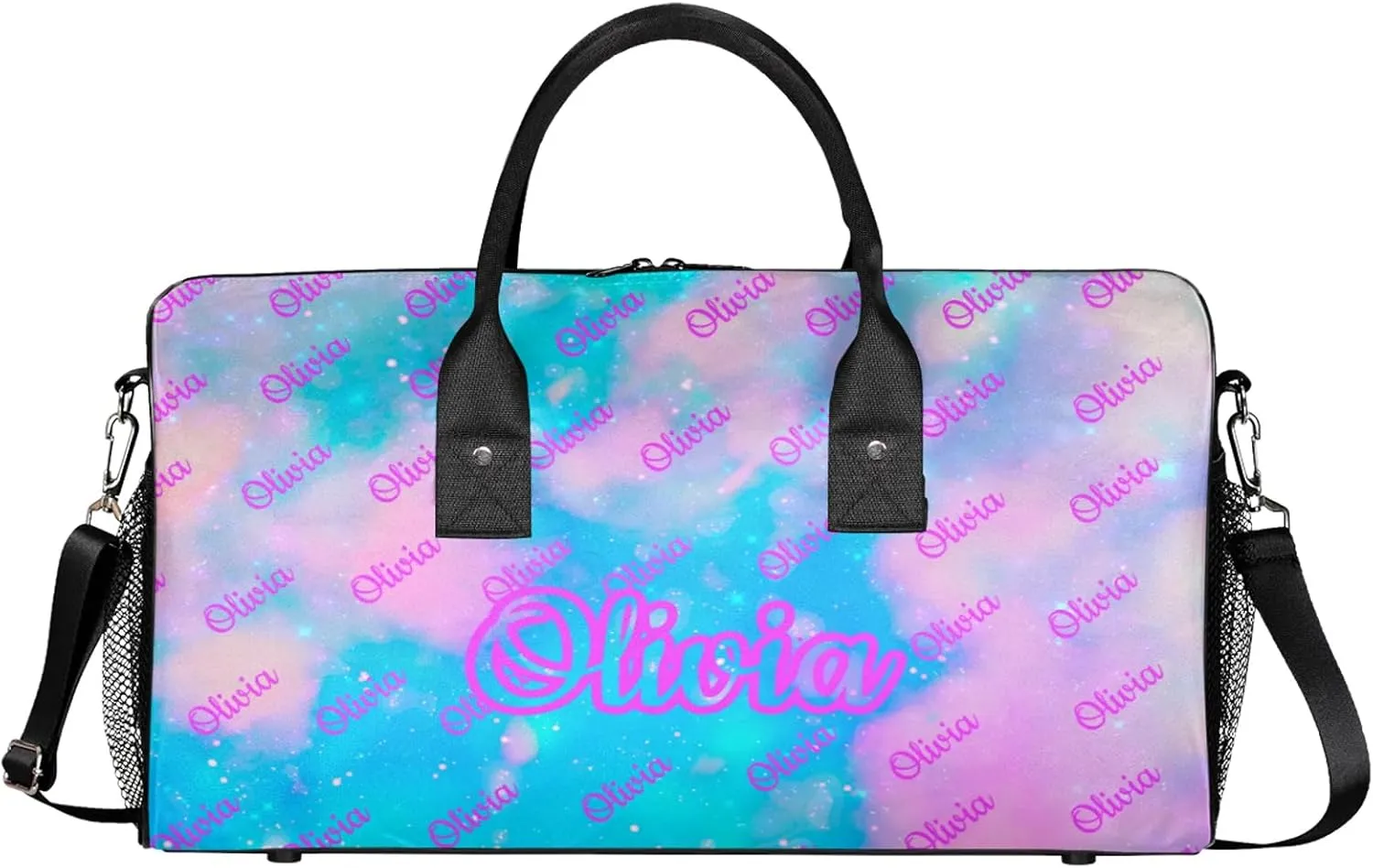 Custom Sport Duffel Bags Personalized Travel Overnight Bag Waterproof Customized Dance Bag Lightweight Carry-On Tote for Women Men 17.4in, Blue Pink Glitter