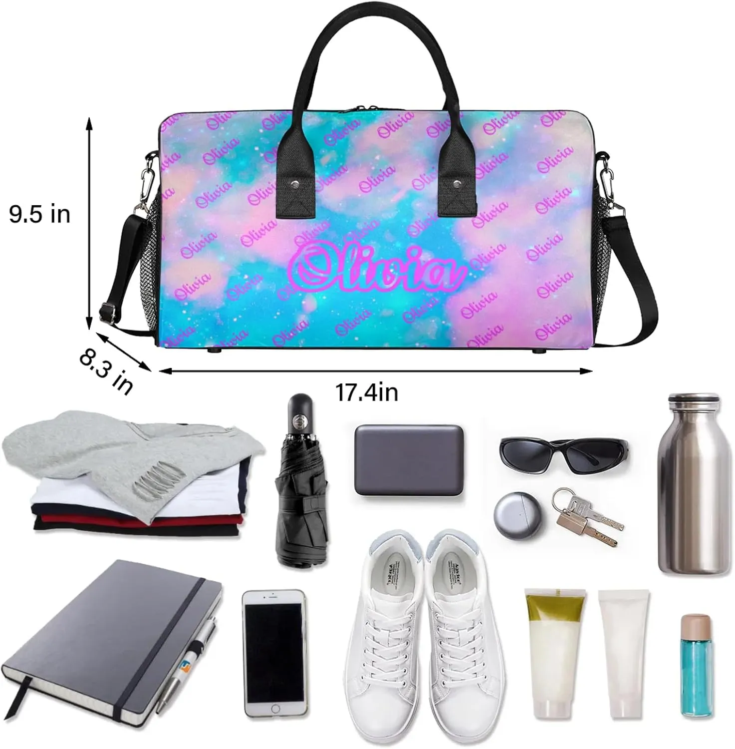 Custom Sport Duffel Bags Personalized Travel Overnight Bag Waterproof Customized Dance Bag Lightweight Carry-On Tote for Women Men 17.4in, Blue Pink Glitter