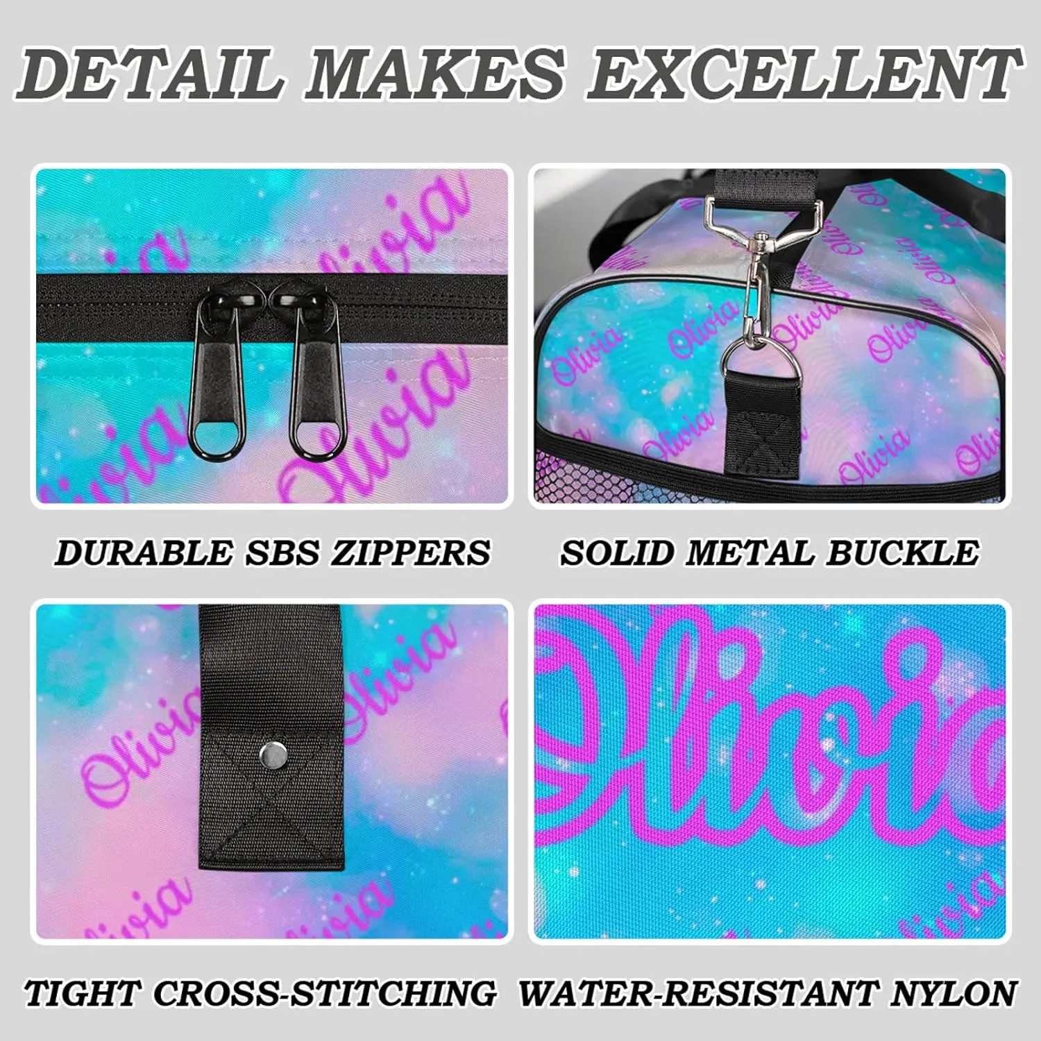 Custom Sport Duffel Bags Personalized Travel Overnight Bag Waterproof Customized Dance Bag Lightweight Carry-On Tote for Women Men 17.4in, Blue Pink Glitter