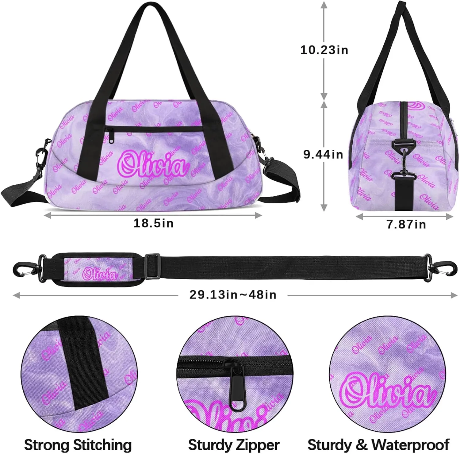 Custom Sport Duffel Bags Personalized Travel Overnight Bag Waterproof Dance Bag Lightweight Carry-On Tote for Women Men 18.5in, Purple Fluid Glitter