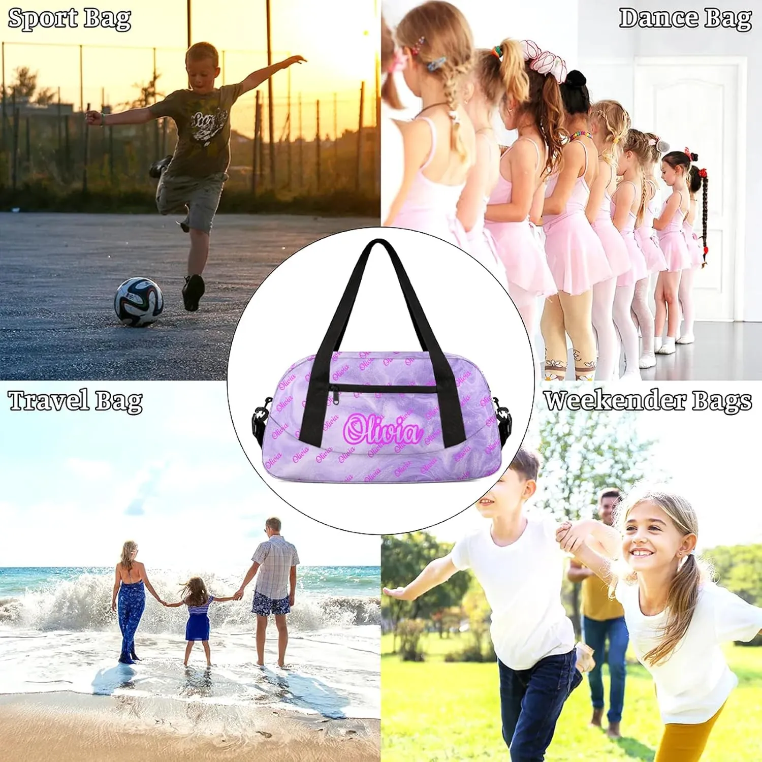 Custom Sport Duffel Bags Personalized Travel Overnight Bag Waterproof Dance Bag Lightweight Carry-On Tote for Women Men 18.5in, Purple Fluid Glitter