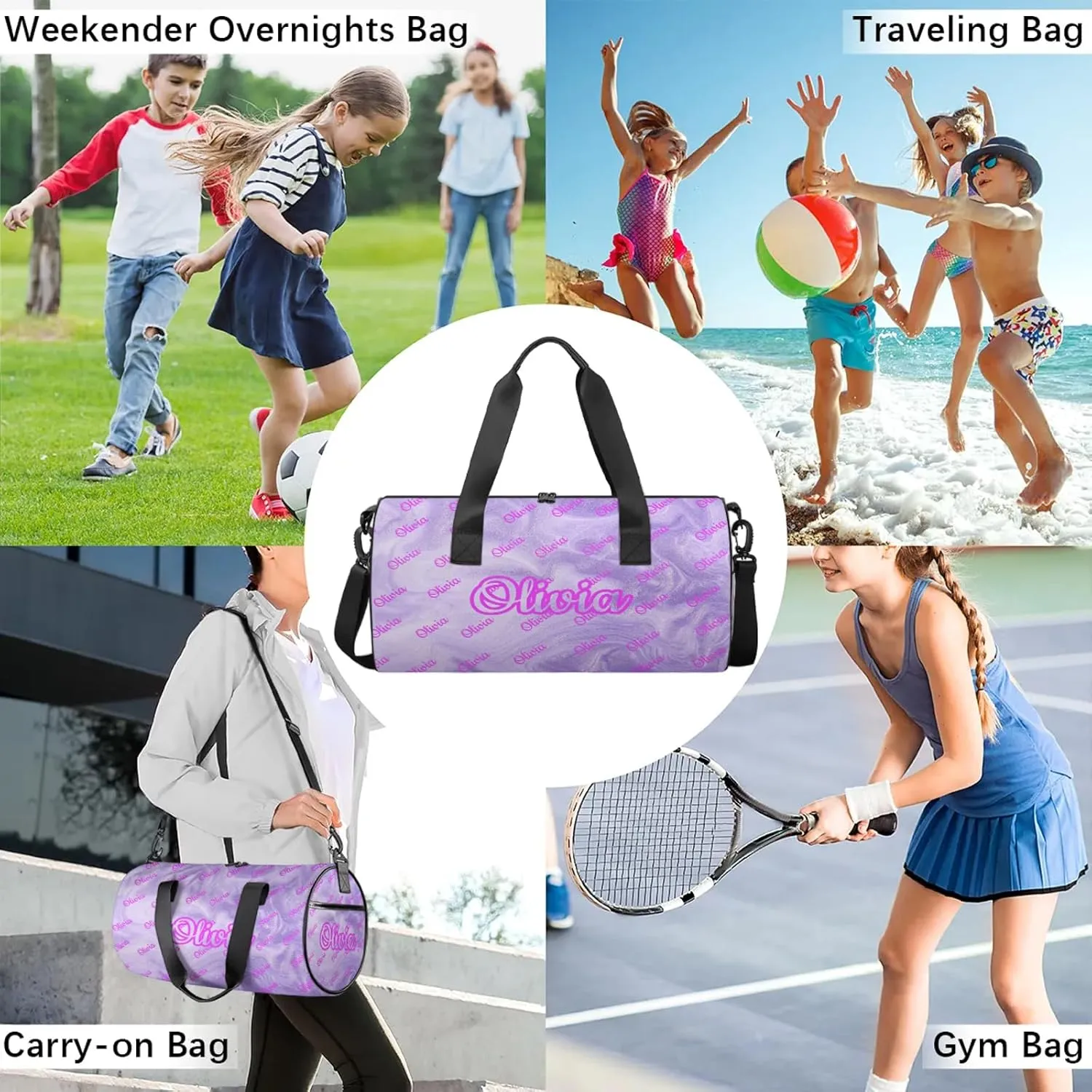 Custom Sport Duffel Bags Round Personalized Dance Bag Travel Overnight Bag Waterproof Gym Bag Lightweight Carry-On Tote for Women Men 17.6in, Purple Fluid Glitter