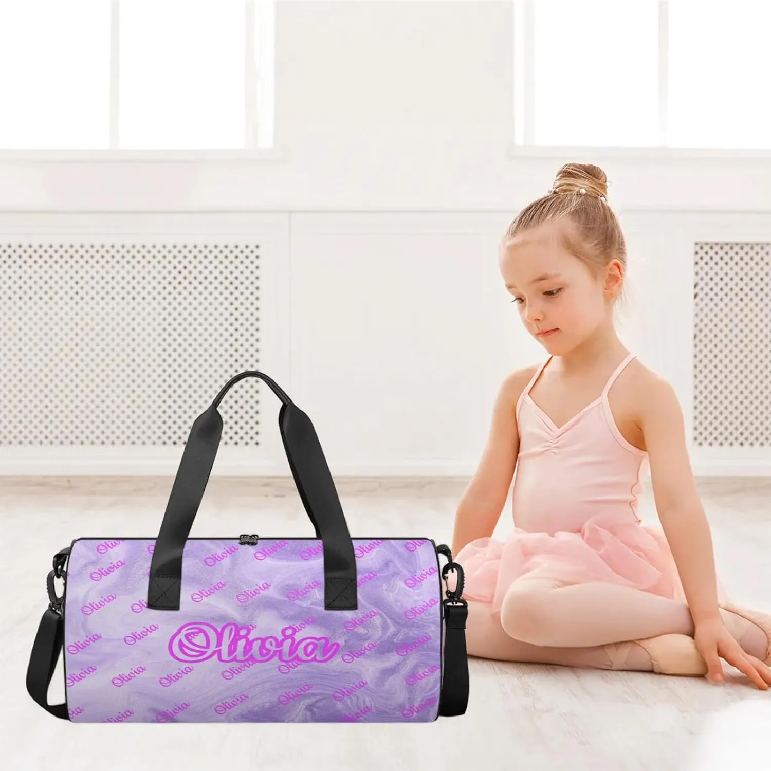Custom Sport Duffel Bags Round Personalized Dance Bag Travel Overnight Bag Waterproof Gym Bag Lightweight Carry-On Tote for Women Men 17.6in, Purple Fluid Glitter