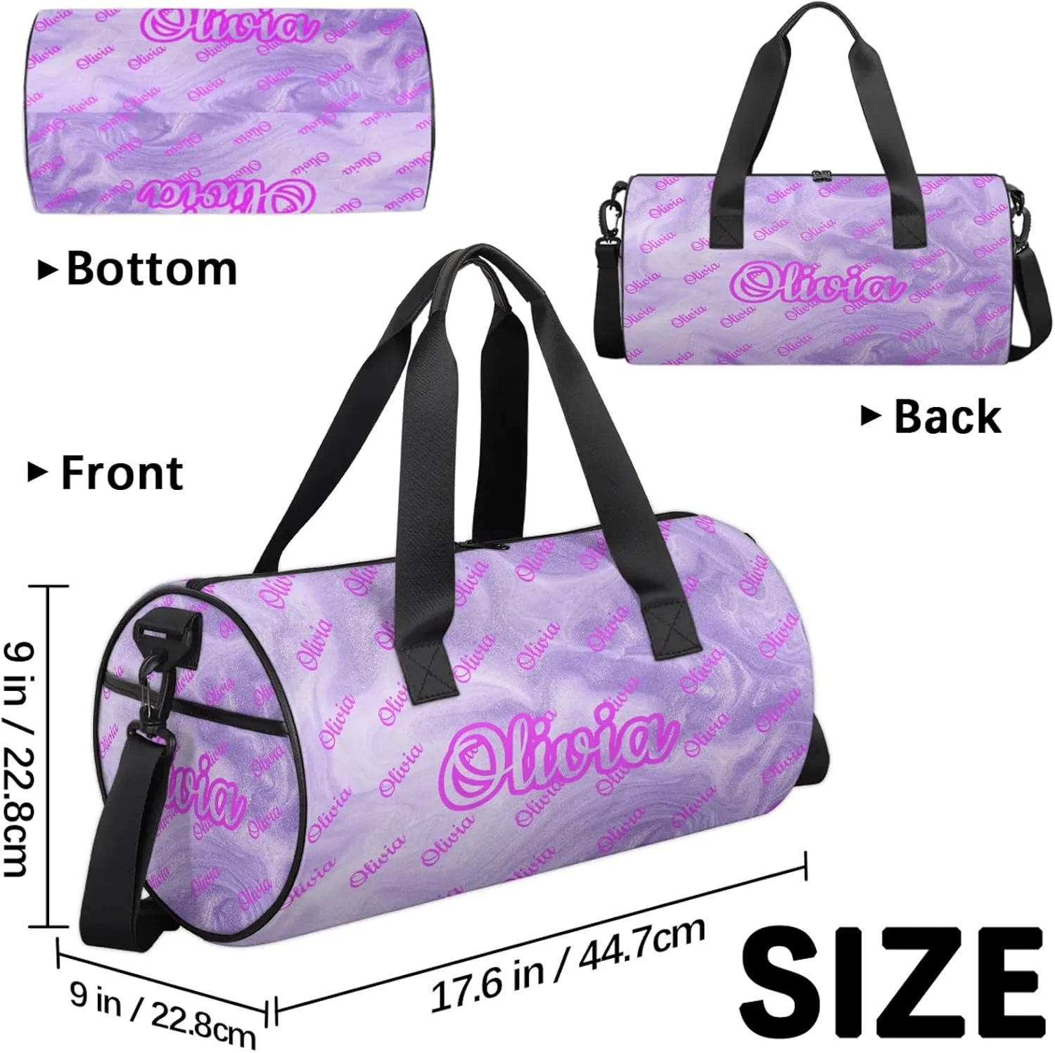 Custom Sport Duffel Bags Round Personalized Dance Bag Travel Overnight Bag Waterproof Gym Bag Lightweight Carry-On Tote for Women Men 17.6in, Purple Fluid Glitter
