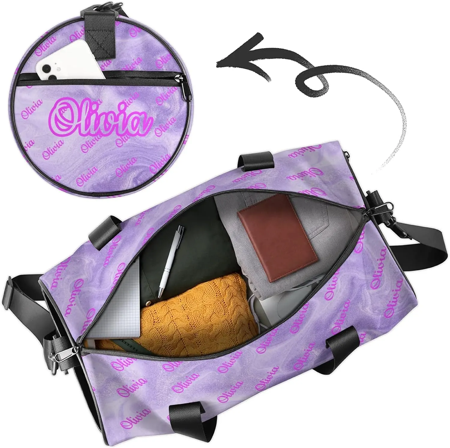Custom Sport Duffel Bags Round Personalized Dance Bag Travel Overnight Bag Waterproof Gym Bag Lightweight Carry-On Tote for Women Men 17.6in, Purple Fluid Glitter