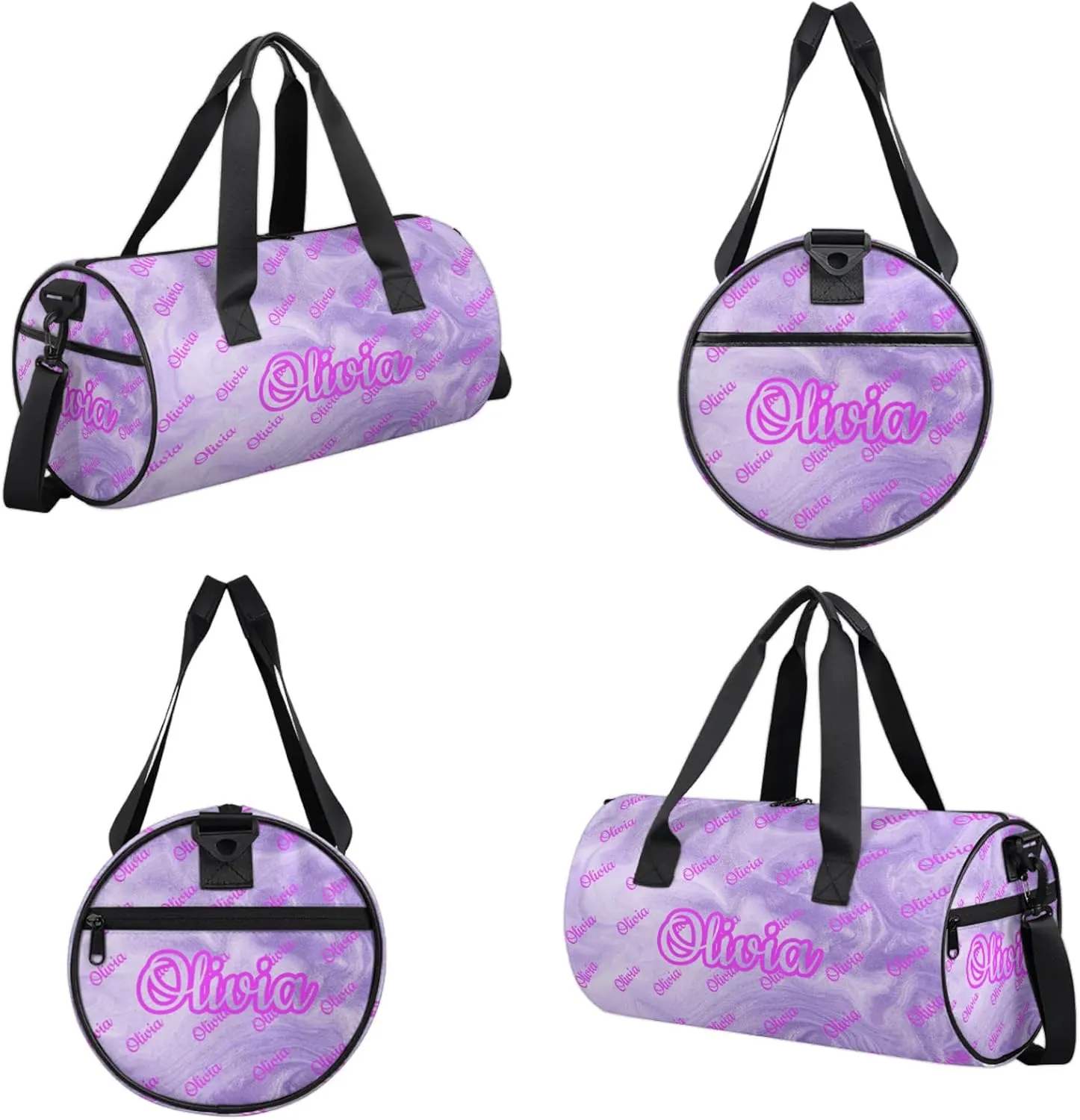 Custom Sport Duffel Bags Round Personalized Dance Bag Travel Overnight Bag Waterproof Gym Bag Lightweight Carry-On Tote for Women Men 17.6in, Purple Fluid Glitter