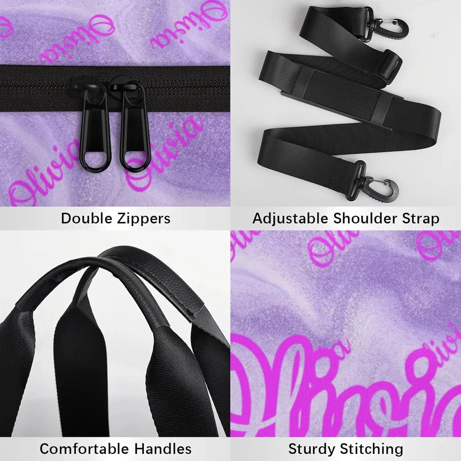 Custom Sport Duffel Bags Round Personalized Dance Bag Travel Overnight Bag Waterproof Gym Bag Lightweight Carry-On Tote for Women Men 17.6in, Purple Fluid Glitter