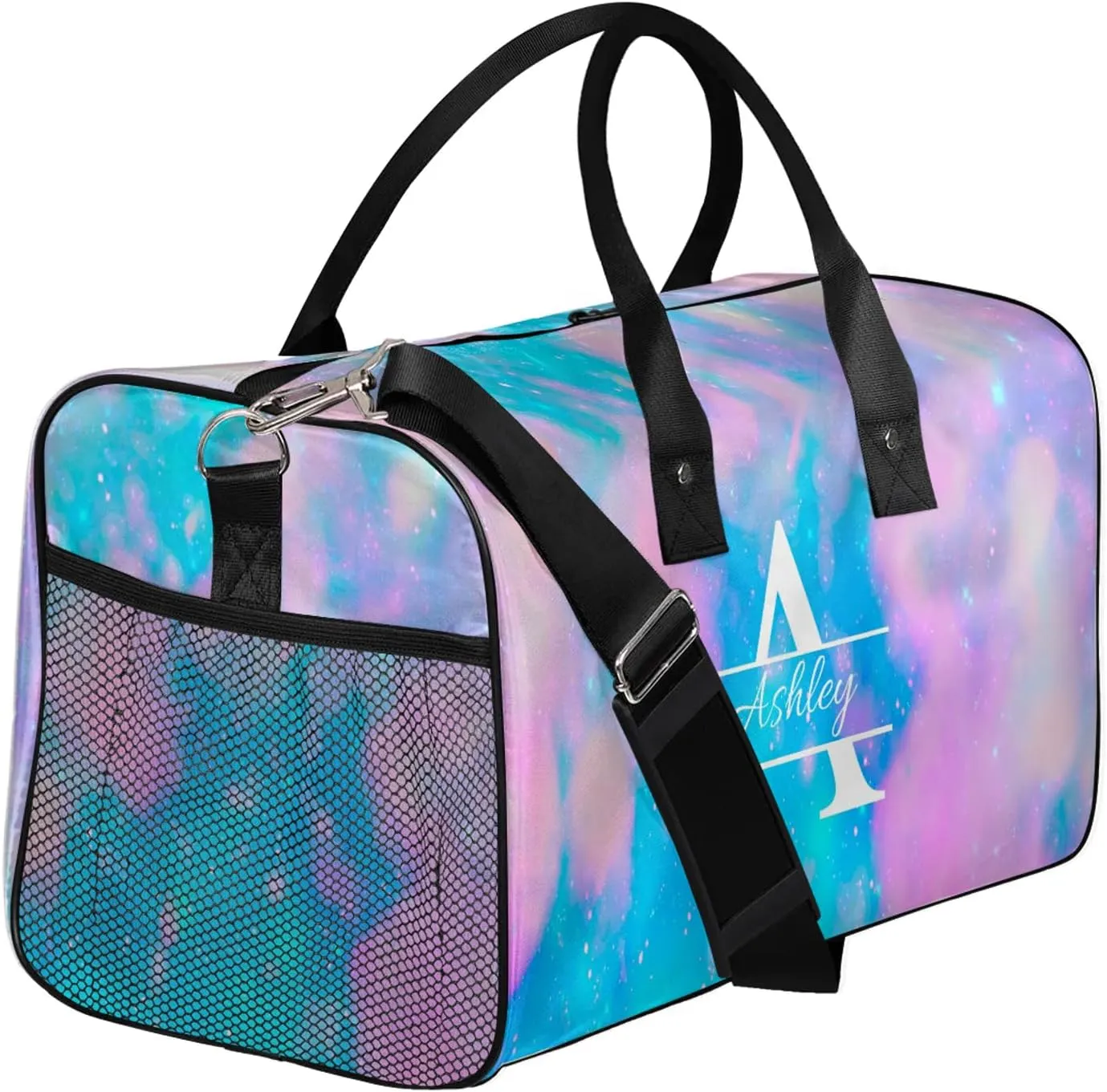 Custom Sports Duffel Bag Personalized Name Dance Gym Bag for Women Men Overnight Weekender Travel Duffel Bags Lightweight 17.4in, Blue Pink Glitter