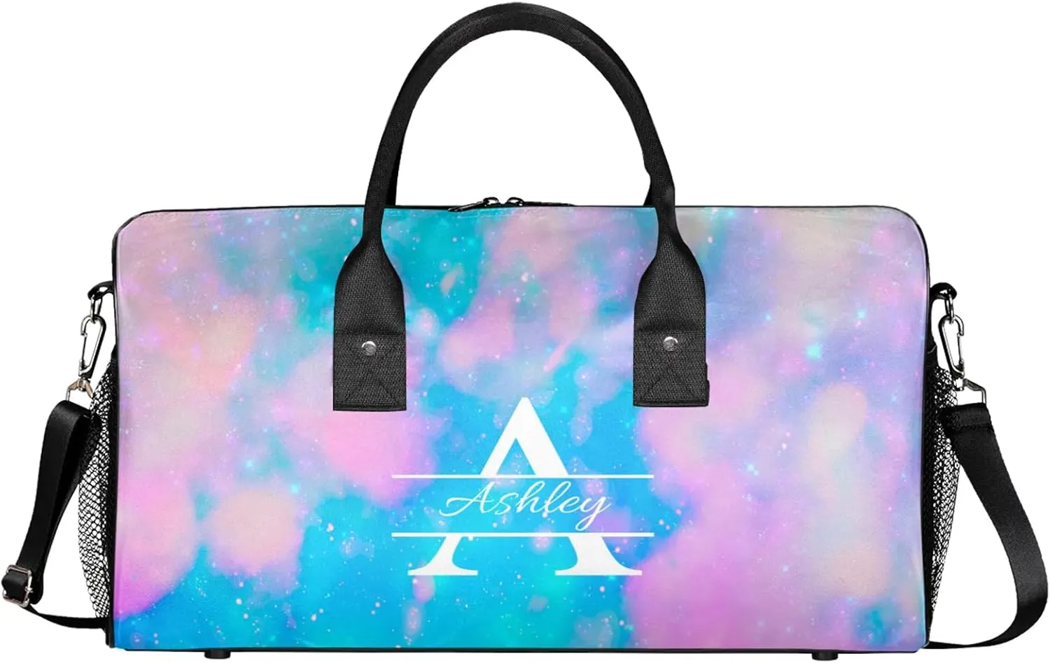 Custom Sports Duffel Bag Personalized Name Dance Gym Bag for Women Men Overnight Weekender Travel Duffel Bags Lightweight 17.4in, Blue Pink Glitter