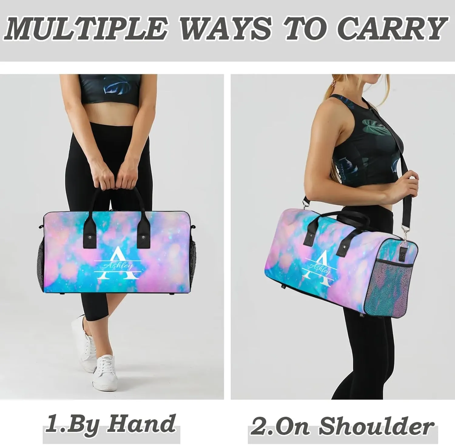 Custom Sports Duffel Bag Personalized Name Dance Gym Bag for Women Men Overnight Weekender Travel Duffel Bags Lightweight 17.4in, Blue Pink Glitter