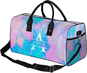 Custom Sports Duffel Bag Personalized Name Dance Gym Bag for Women Men Overnight Weekender Travel Duffel Bags Lightweight 17.4in, Blue Pink Glitter