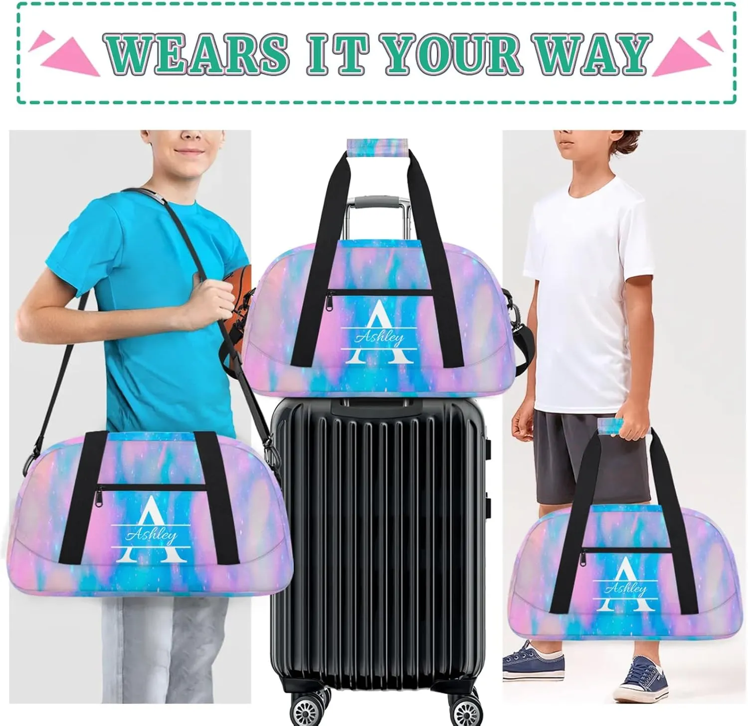 Custom Sports Duffel Bag Personalized Name Dance Gym Bag for Women Men Overnight Weekender Travel Duffel Bags Lightweight 18.9in, Blue Pink Glitter