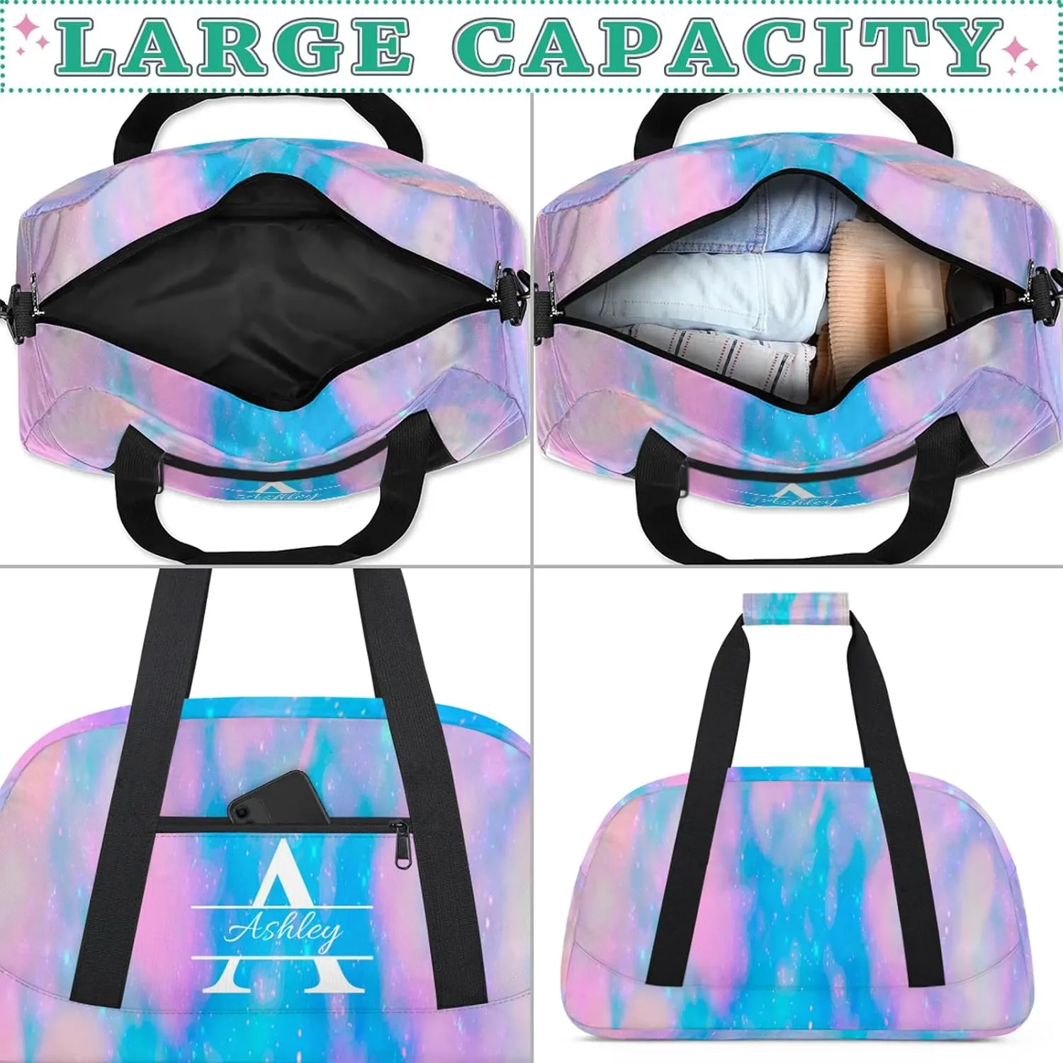 Custom Sports Duffel Bag Personalized Name Dance Gym Bag for Women Men Overnight Weekender Travel Duffel Bags Lightweight 18.9in, Blue Pink Glitter