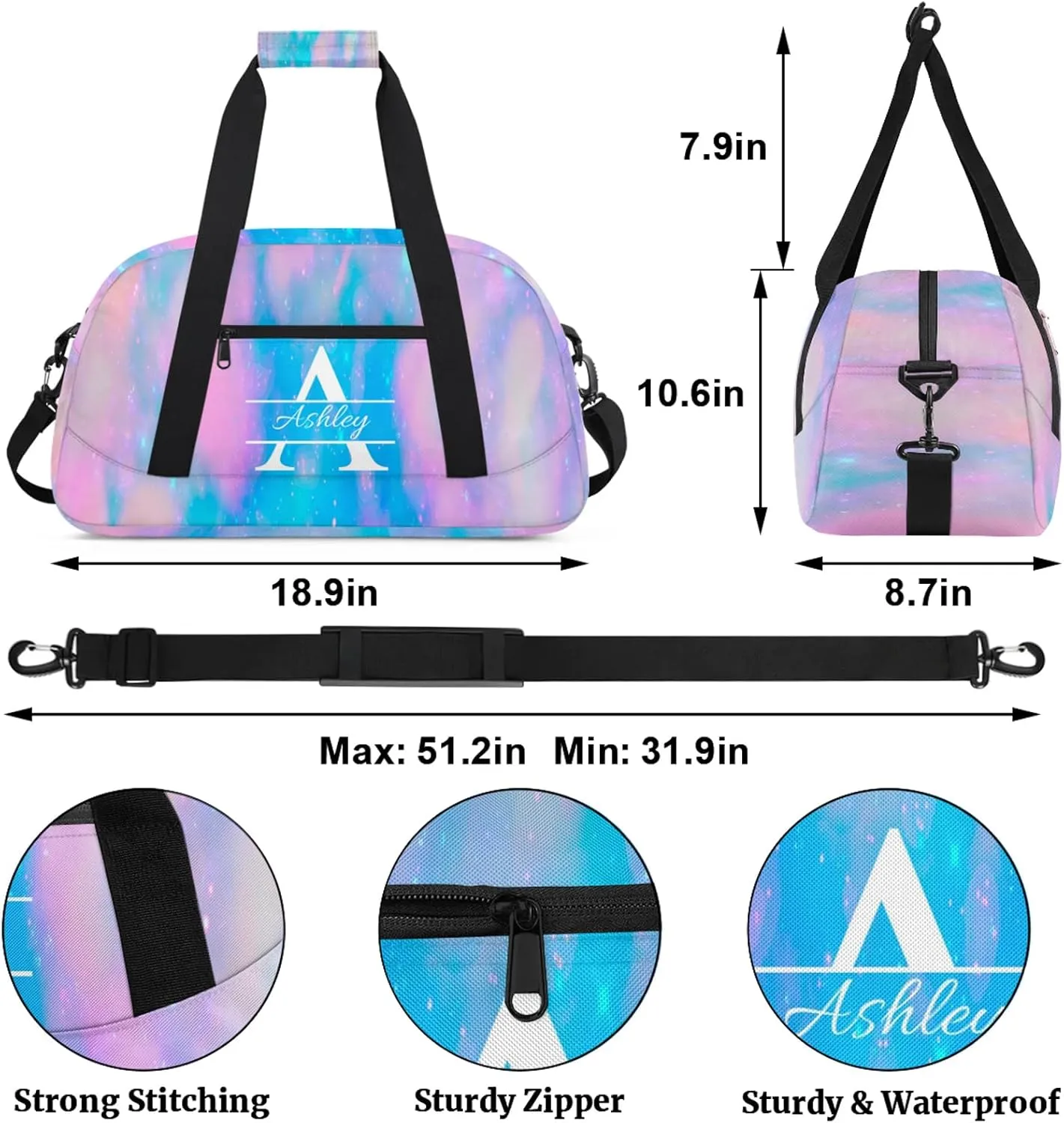 Custom Sports Duffel Bag Personalized Name Dance Gym Bag for Women Men Overnight Weekender Travel Duffel Bags Lightweight 18.9in, Blue Pink Glitter