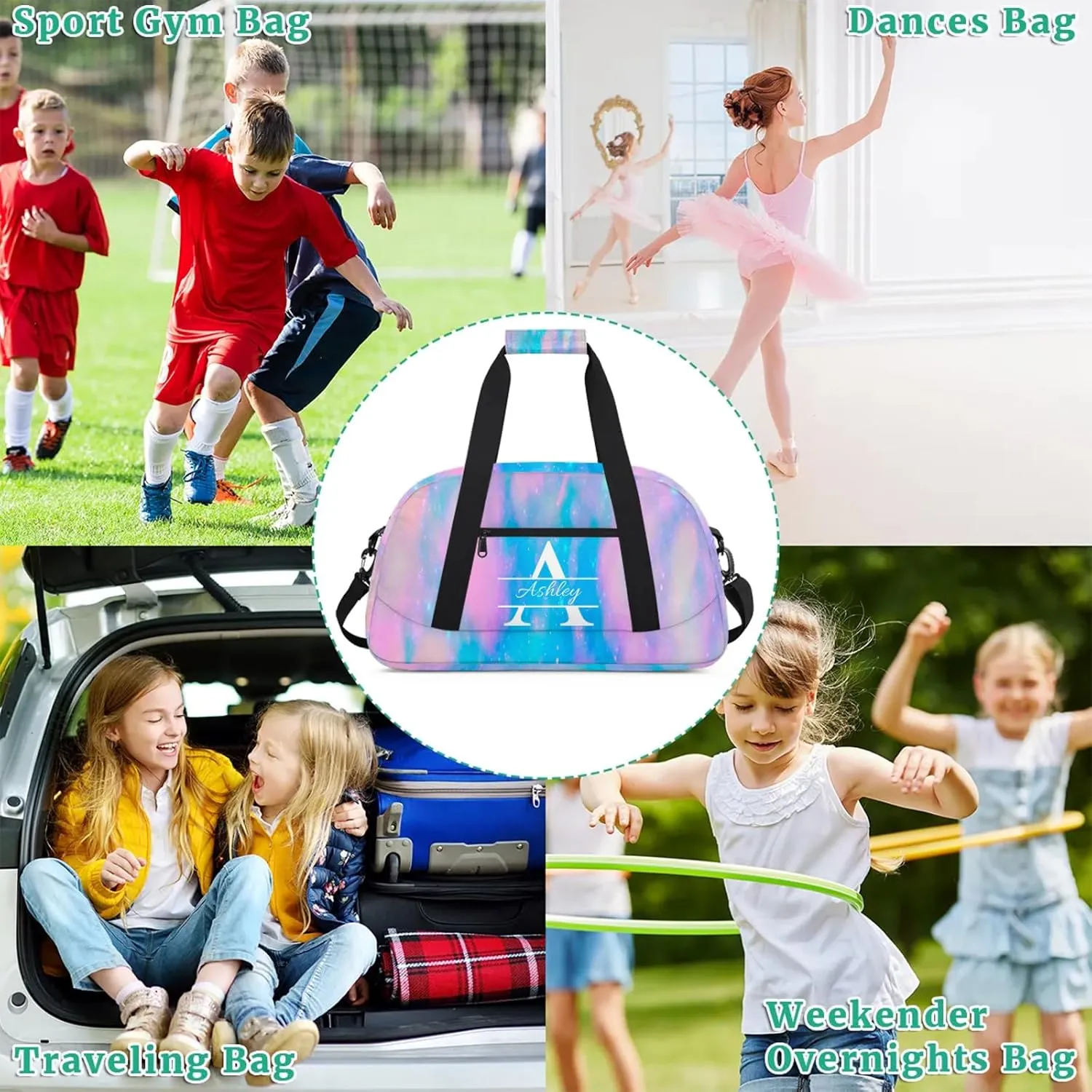 Custom Sports Duffel Bag Personalized Name Dance Gym Bag for Women Men Overnight Weekender Travel Duffel Bags Lightweight 18.9in, Blue Pink Glitter