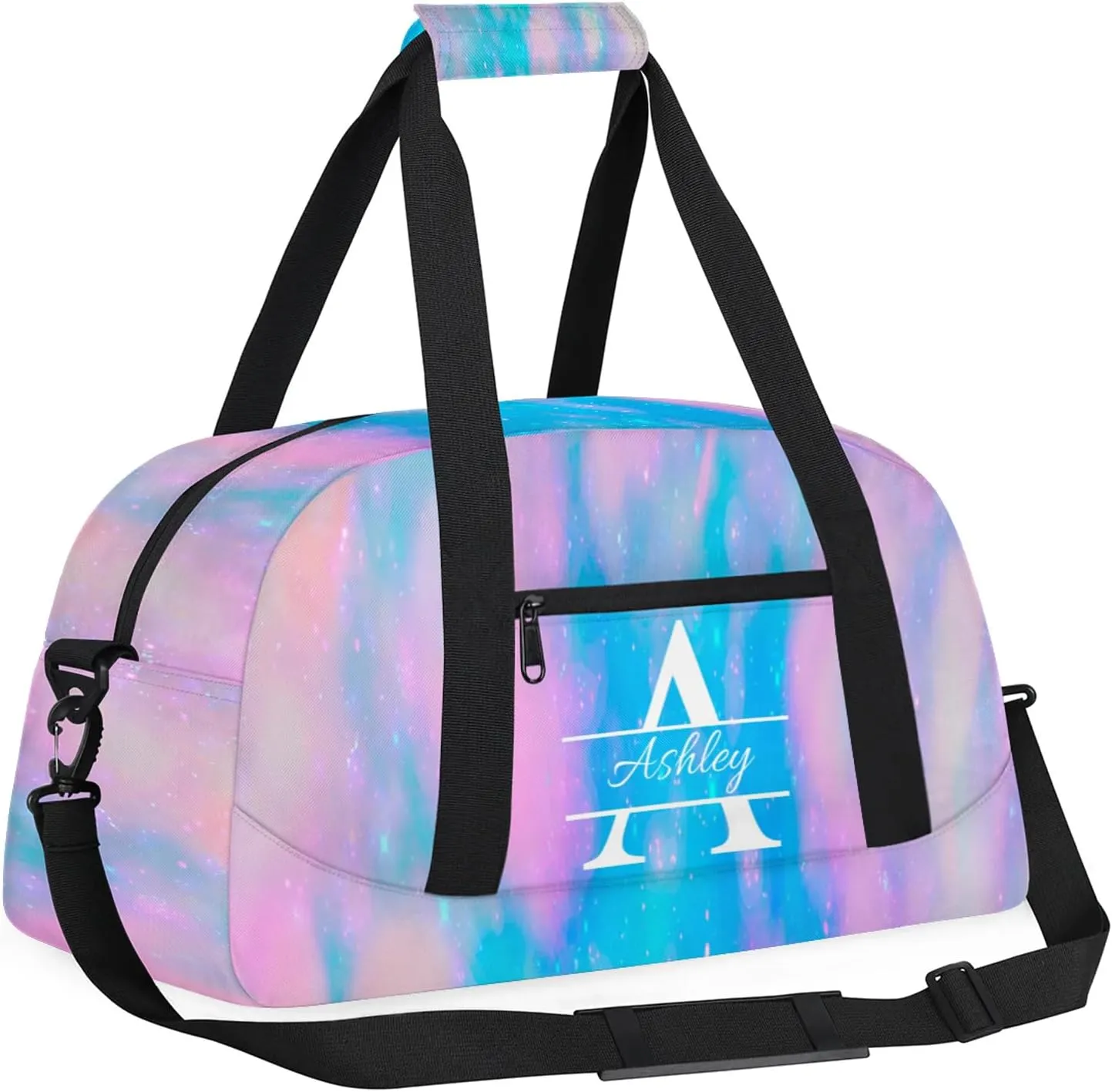 Custom Sports Duffel Bag Personalized Name Dance Gym Bag for Women Men Overnight Weekender Travel Duffel Bags Lightweight 18.9in, Blue Pink Glitter