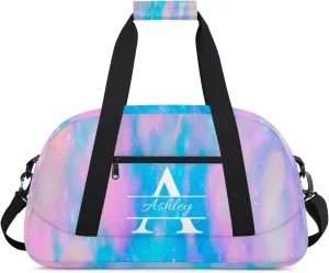 Custom Sports Duffel Bag Personalized Name Dance Gym Bag for Women Men Overnight Weekender Travel Duffel Bags Lightweight 18.9in, Blue Pink Glitter