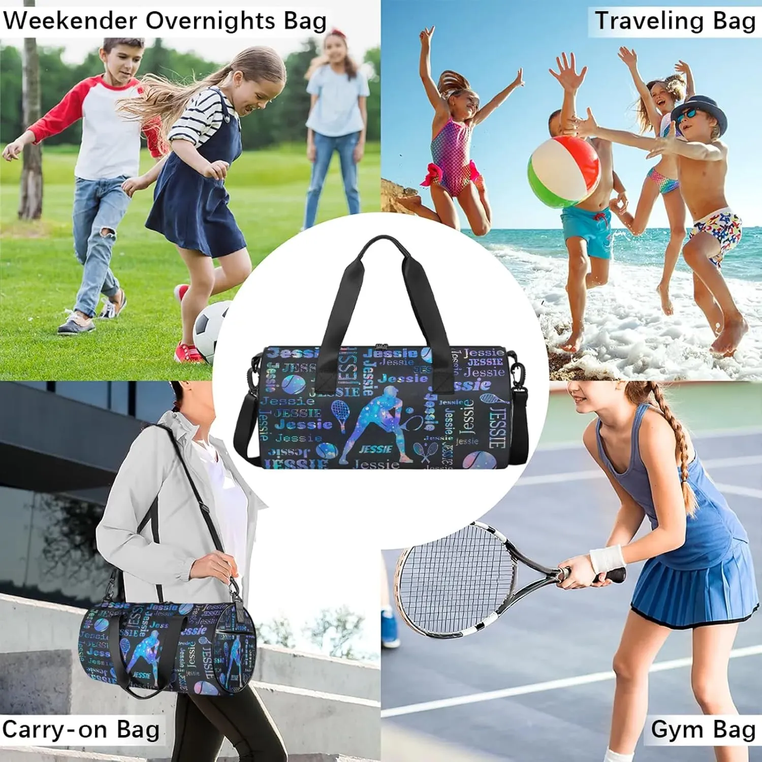 Custom Tennis Sport Bags Personalized Sports Gym Bag with Name Overnight Weekender Duffel Bag Customized Gifts for Women Men, Colorful Glitter