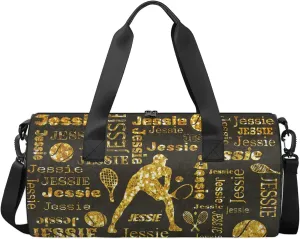 Custom Tennis Sport Bags Personalized Sports Gym Bag with Name Overnight Weekender Duffel Bag Customized Gifts for Women Men, Gold Glitter