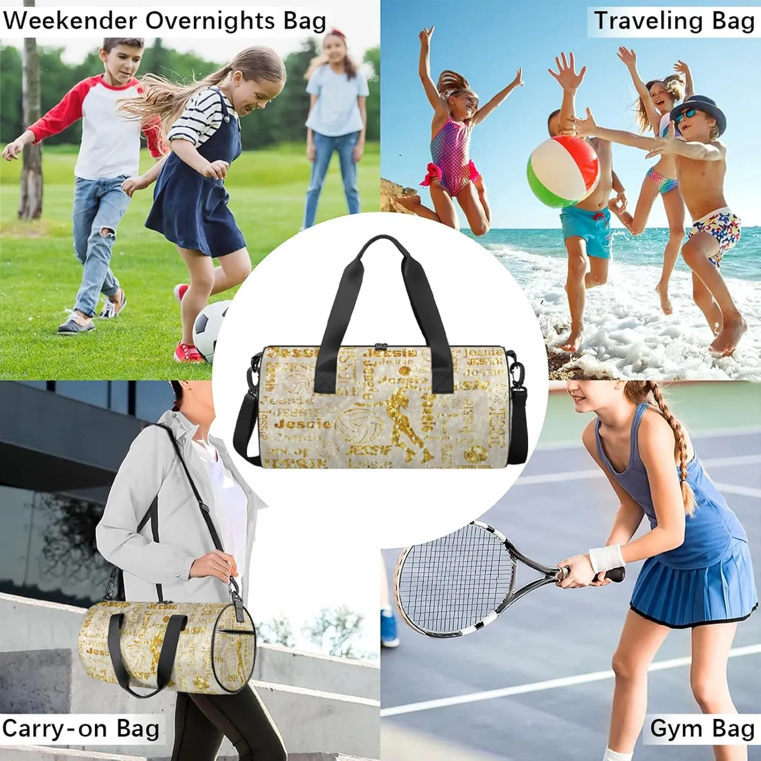 Custom Volleyball Sport Bags Personalized Sports Gym Bag with Name Overnight Weekender Duffel Bag Customized Gifts for Women Men, Gold Glitter