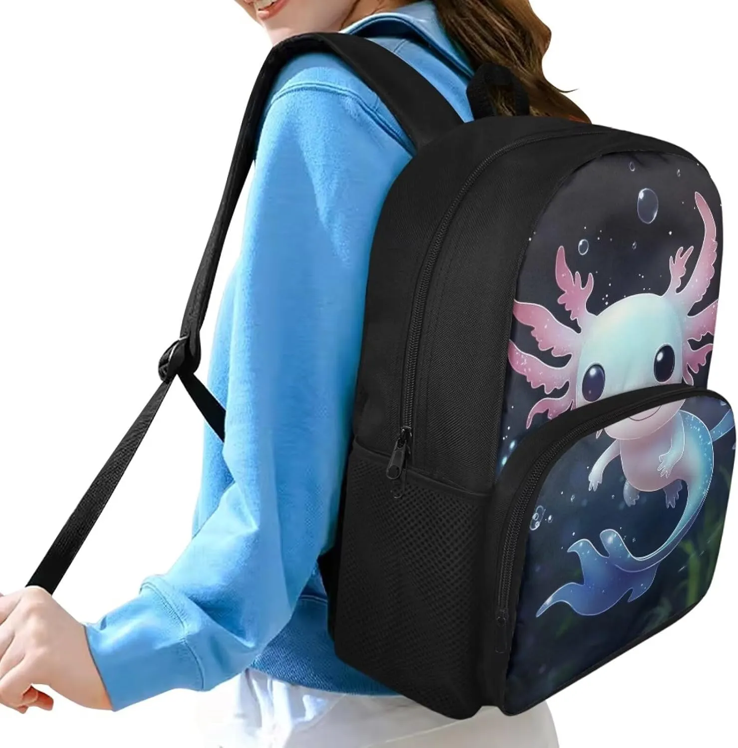Cute Axolotl Backpack for Girls 15 Inch Primary School Student Backpacks with Adjustable Shoulder Strap Large Capacity Middle School Book Bags 6th Grade Boys Back to School